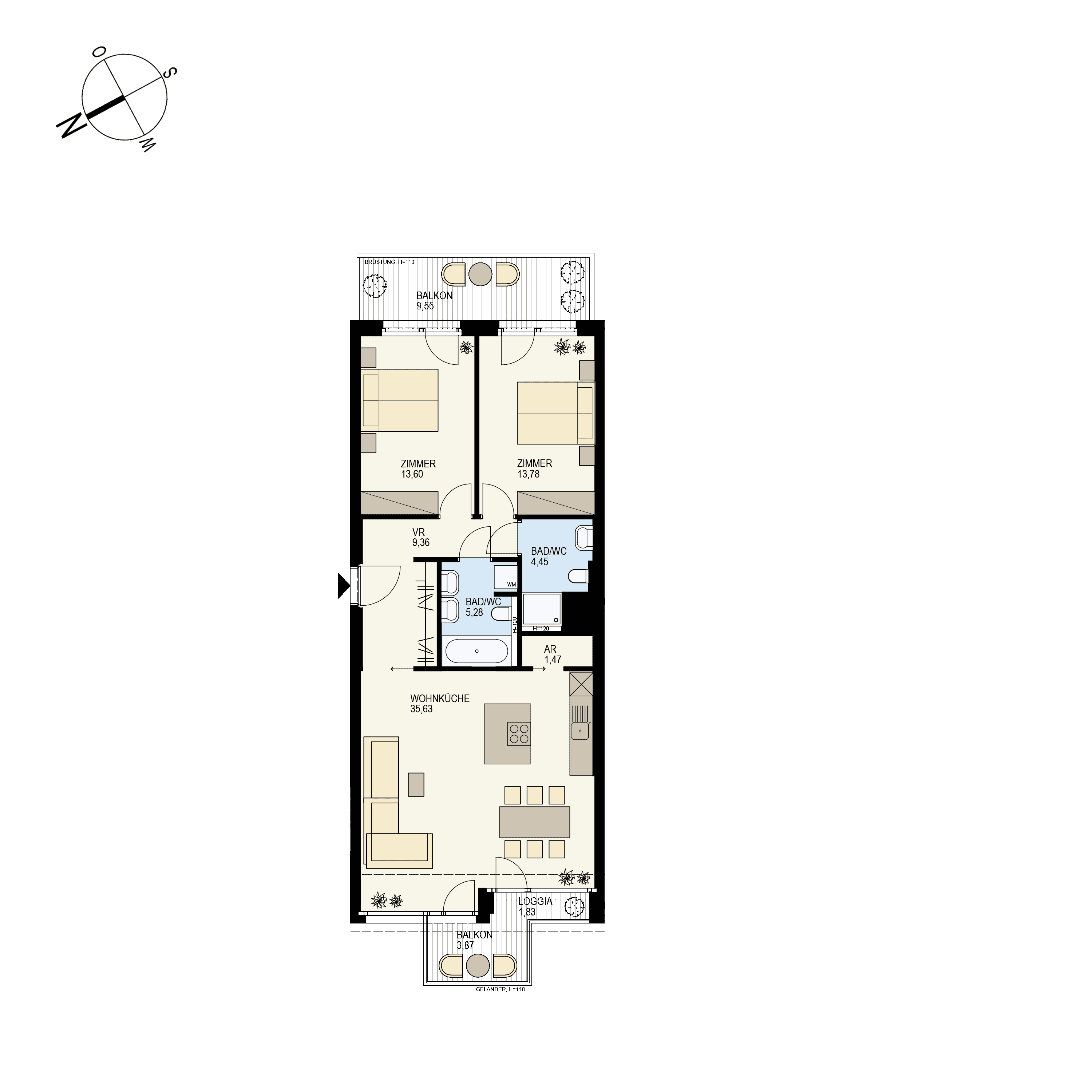 Grundriss Top 2/41 — Der Goldene Phönix — 3 Zimmer — 85,4 m² — 6th floor — NW