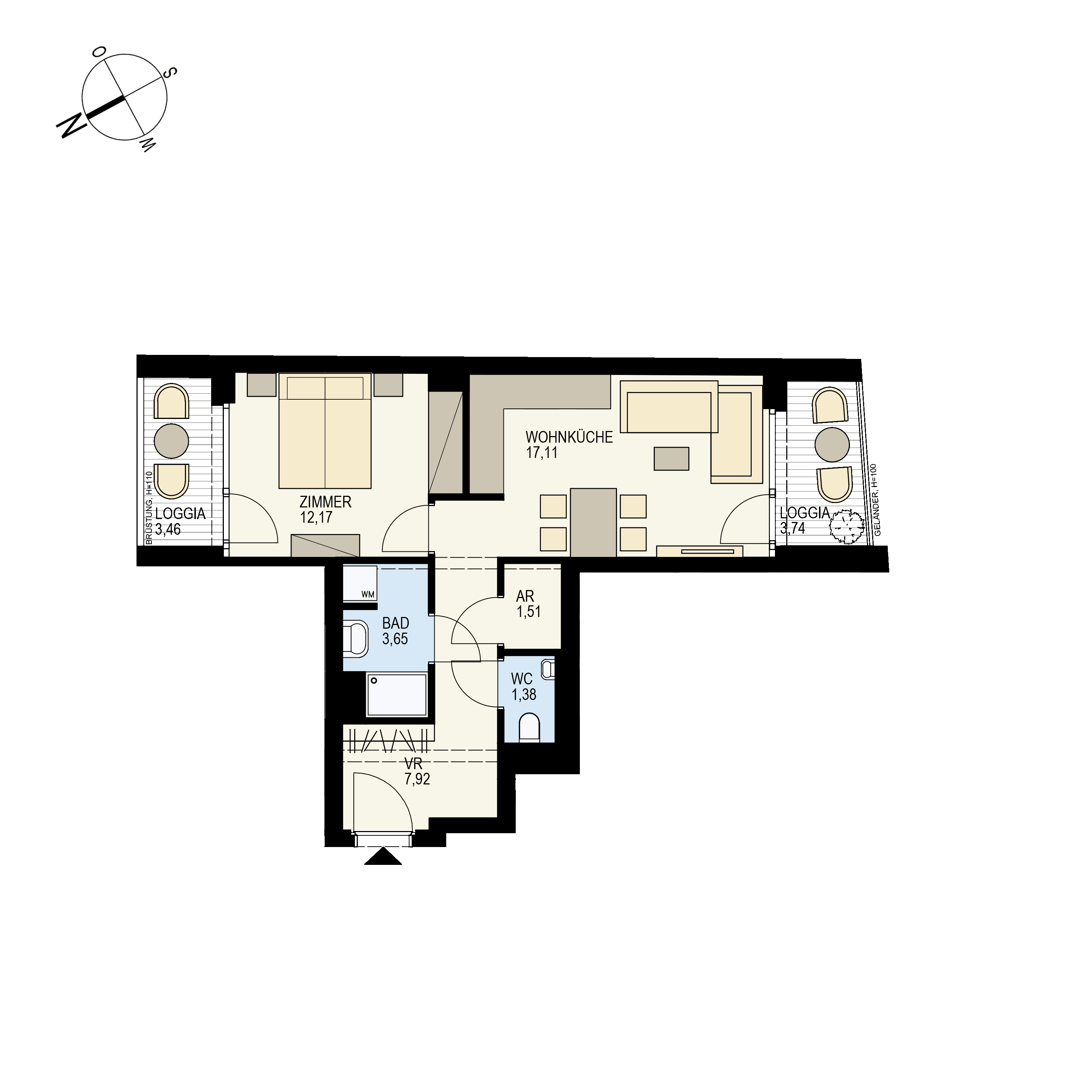 Grundriss Top 1/23 — Der Goldene Phönix — 2 Zimmer — 50,9 m² — 4th floor — S