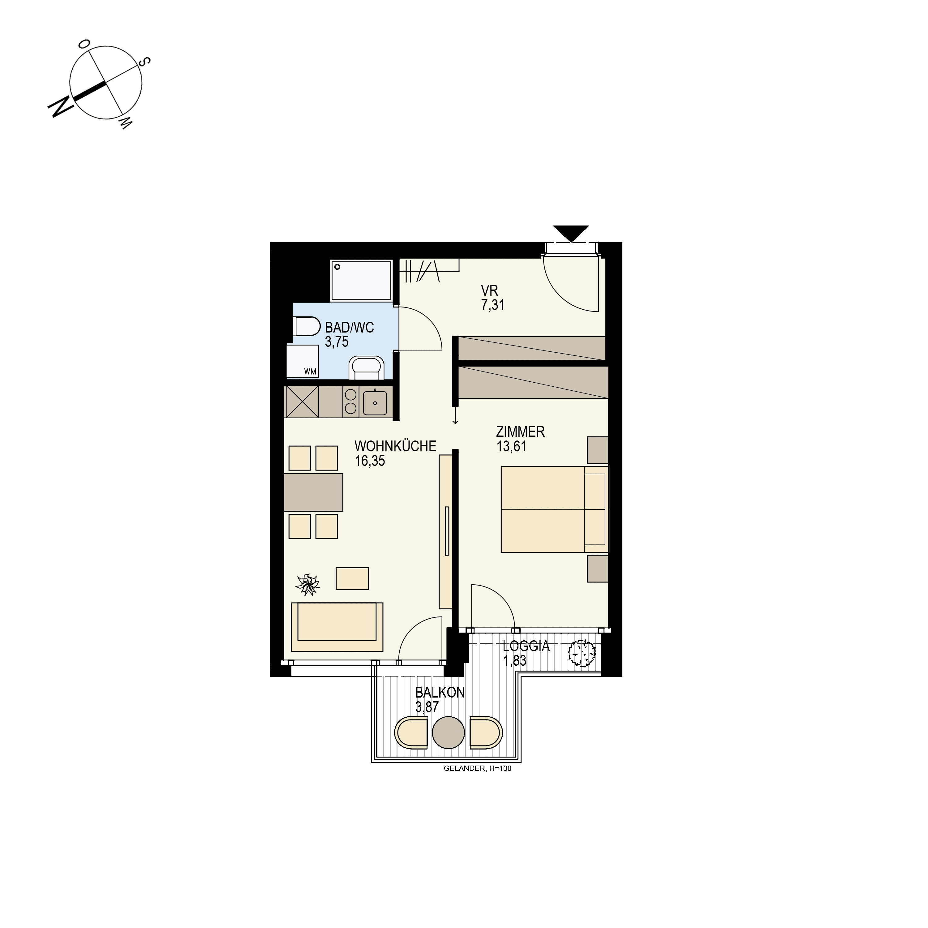 Grundriss Top 1/26 — Der Goldene Phönix — 2 Zimmer — 42,9 m² — 4th floor — W