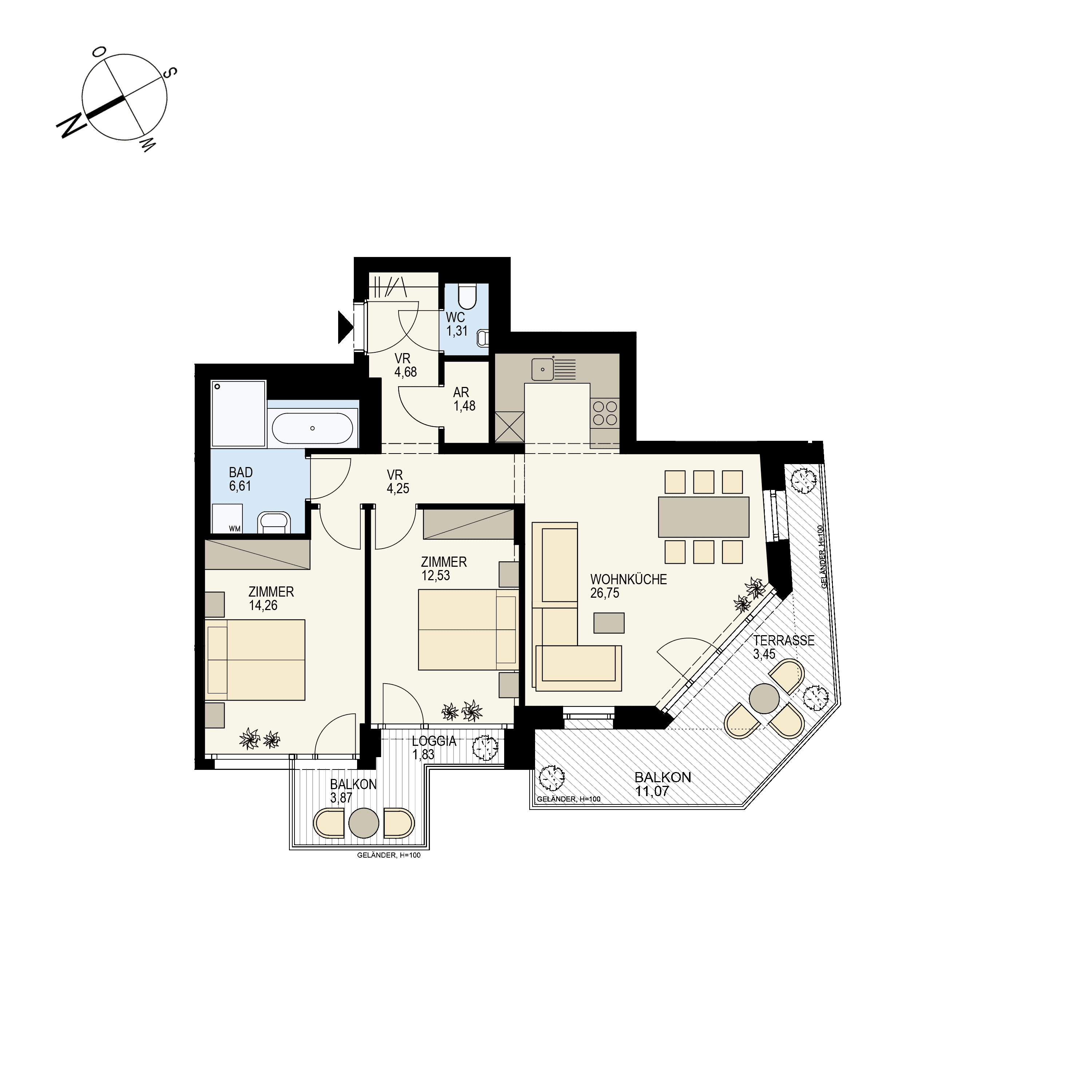 Grundriss Top 1/25 — Der Goldene Phönix — 3 Zimmer — 73,7 m² — 4th floor — SW