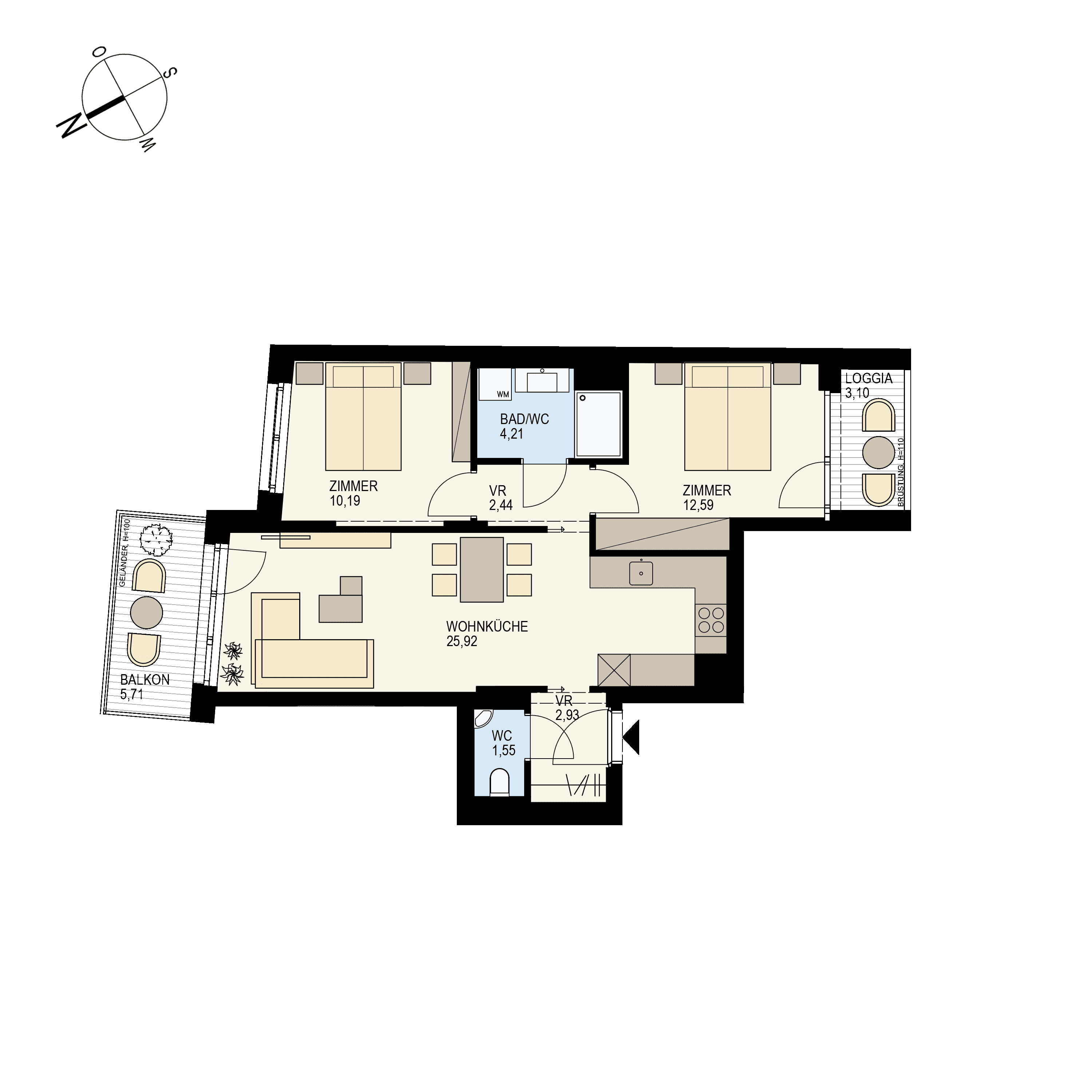 Grundriss Top 2/27 — Der Goldene Phönix — 3 Zimmer — 62,9 m² — 4th floor — N