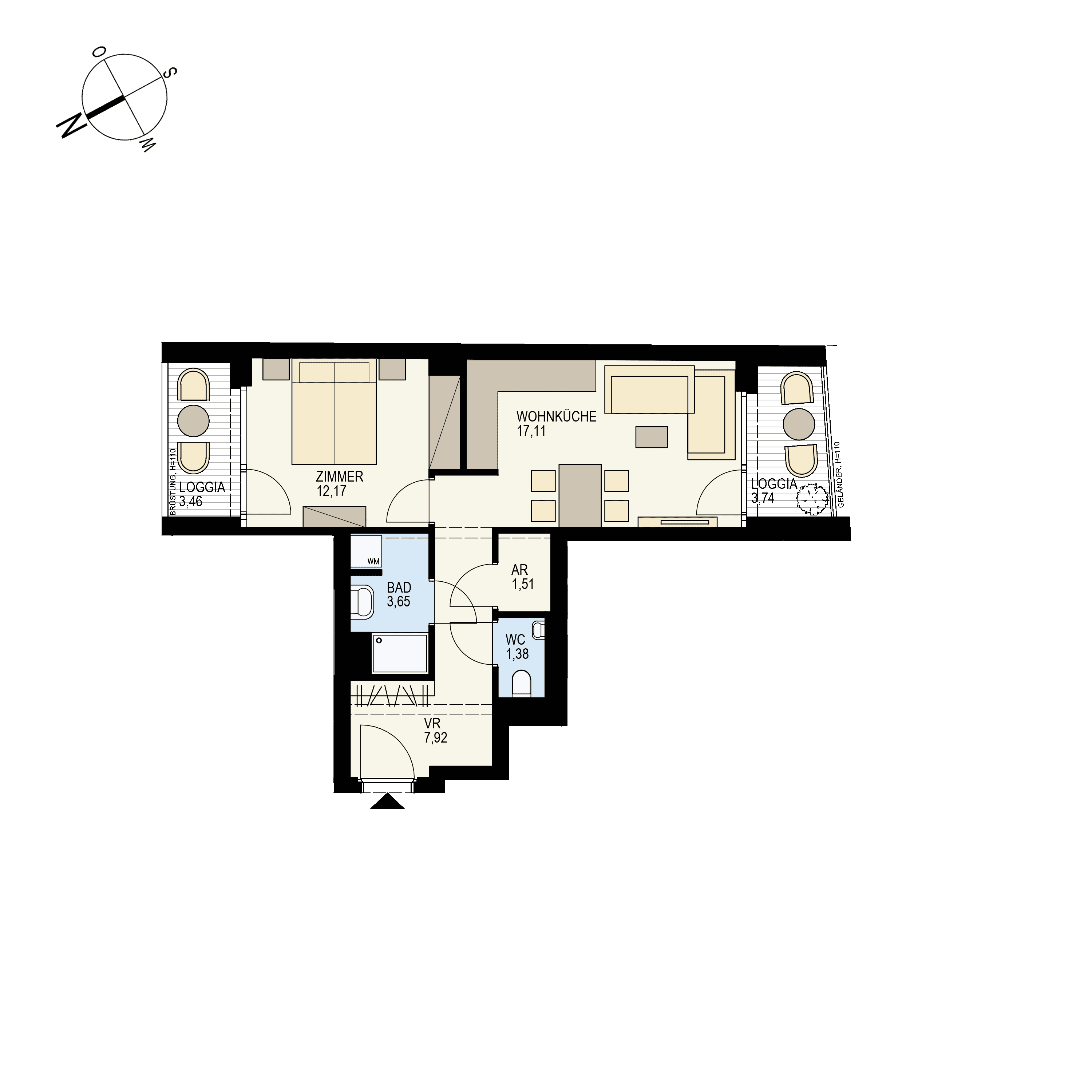 Grundriss Top 1/28 — Der Goldene Phönix — 2 Zimmer — 50,9 m² — 5th floor — SW