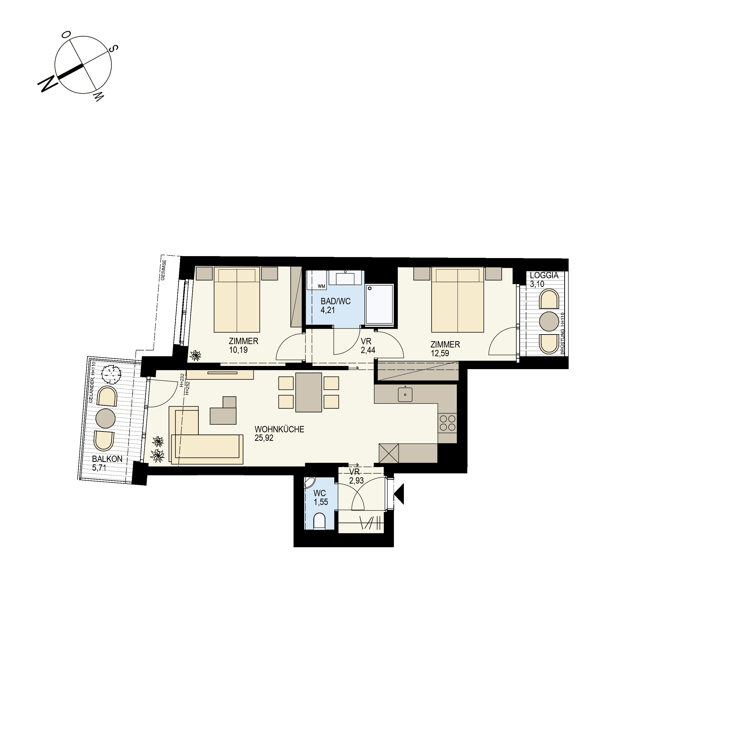 Grundriss Top 2/38 — Der Goldene Phönix — 3 Zimmer — 62,9 m² — 6th floor — W