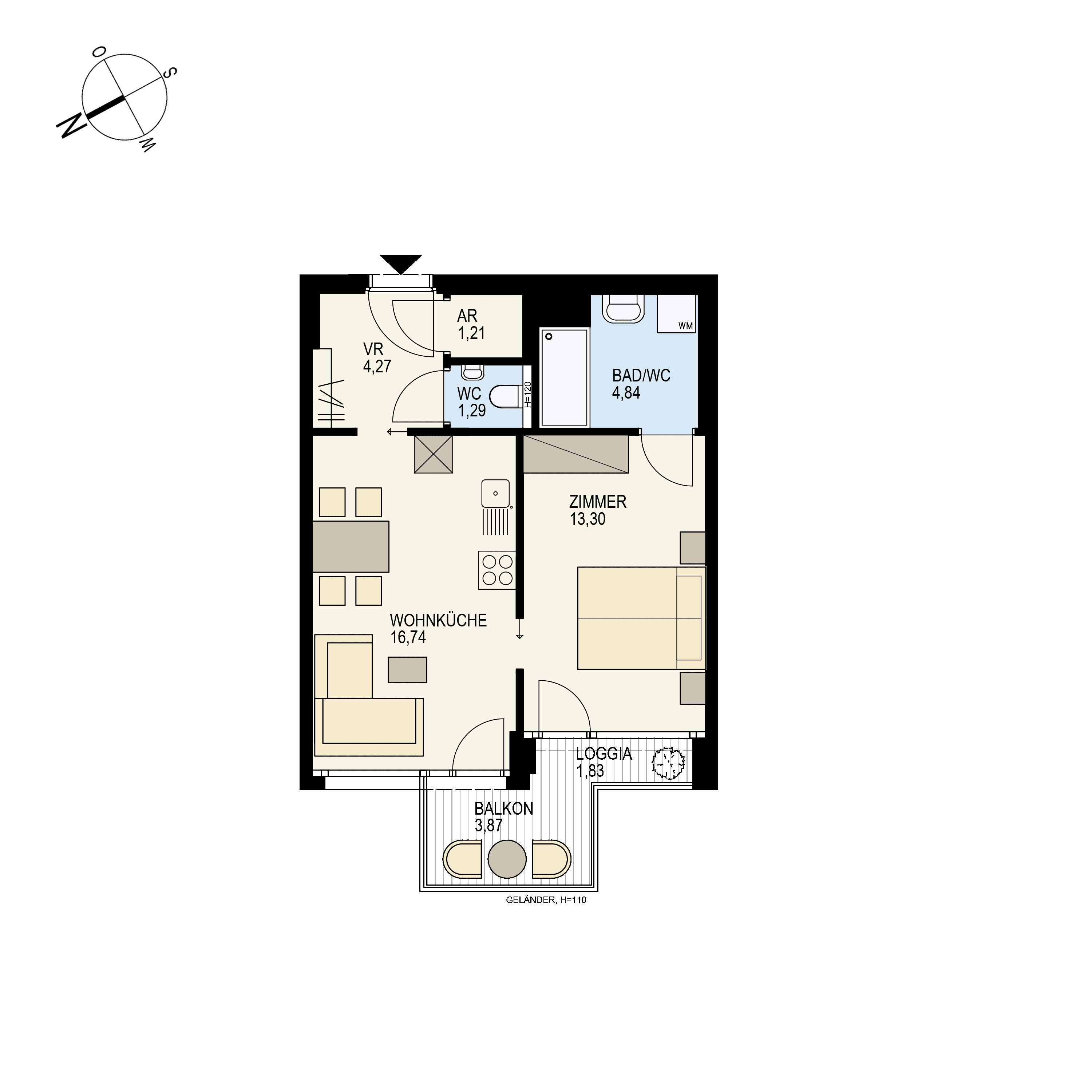 Grundriss Top 2/35 — Der Goldene Phönix — 2 Zimmer — 43,5 m² — 5th floor — O
