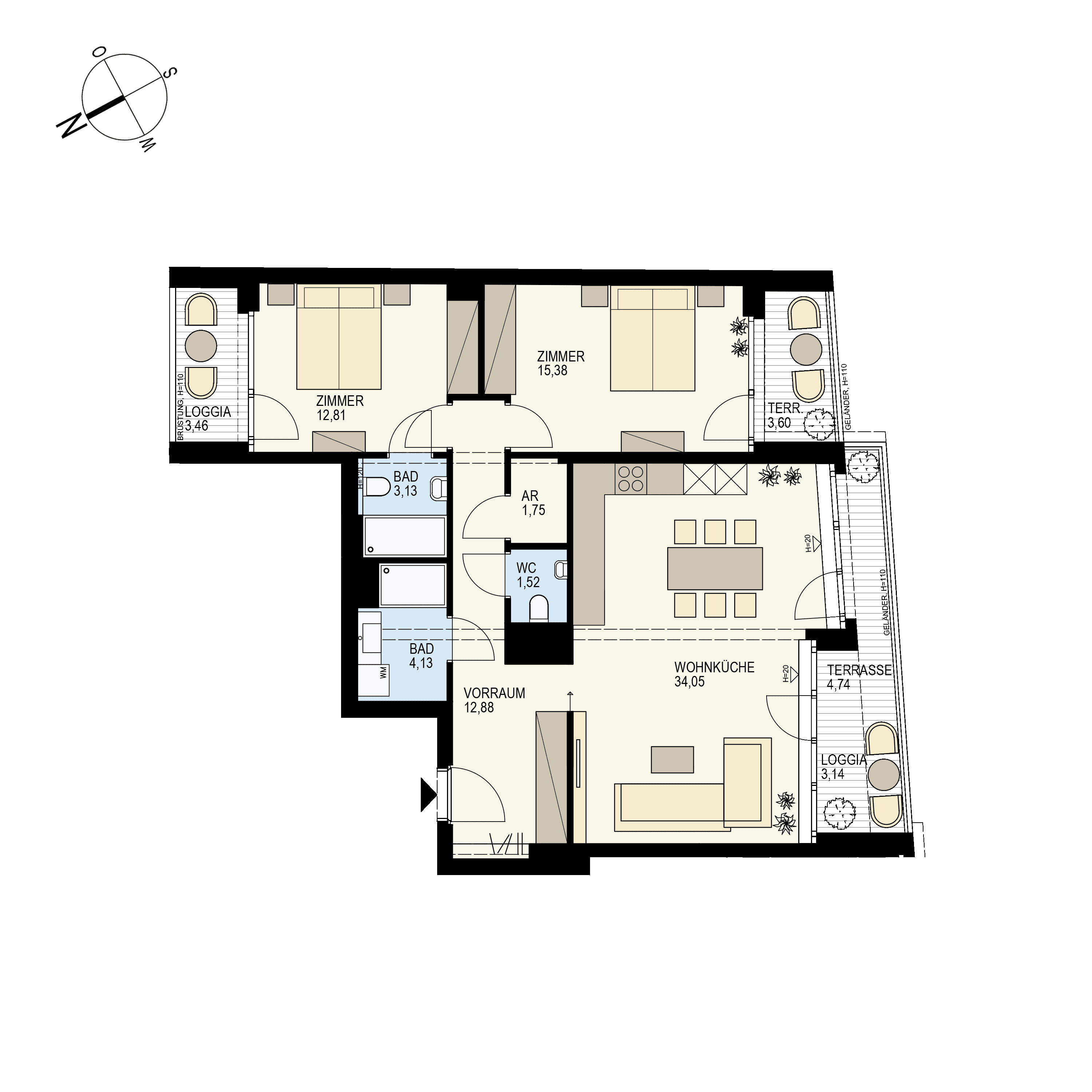 Grundriss Top 1/33 — Der Goldene Phönix — 3 Zimmer — 92,3 m² — 6th floor