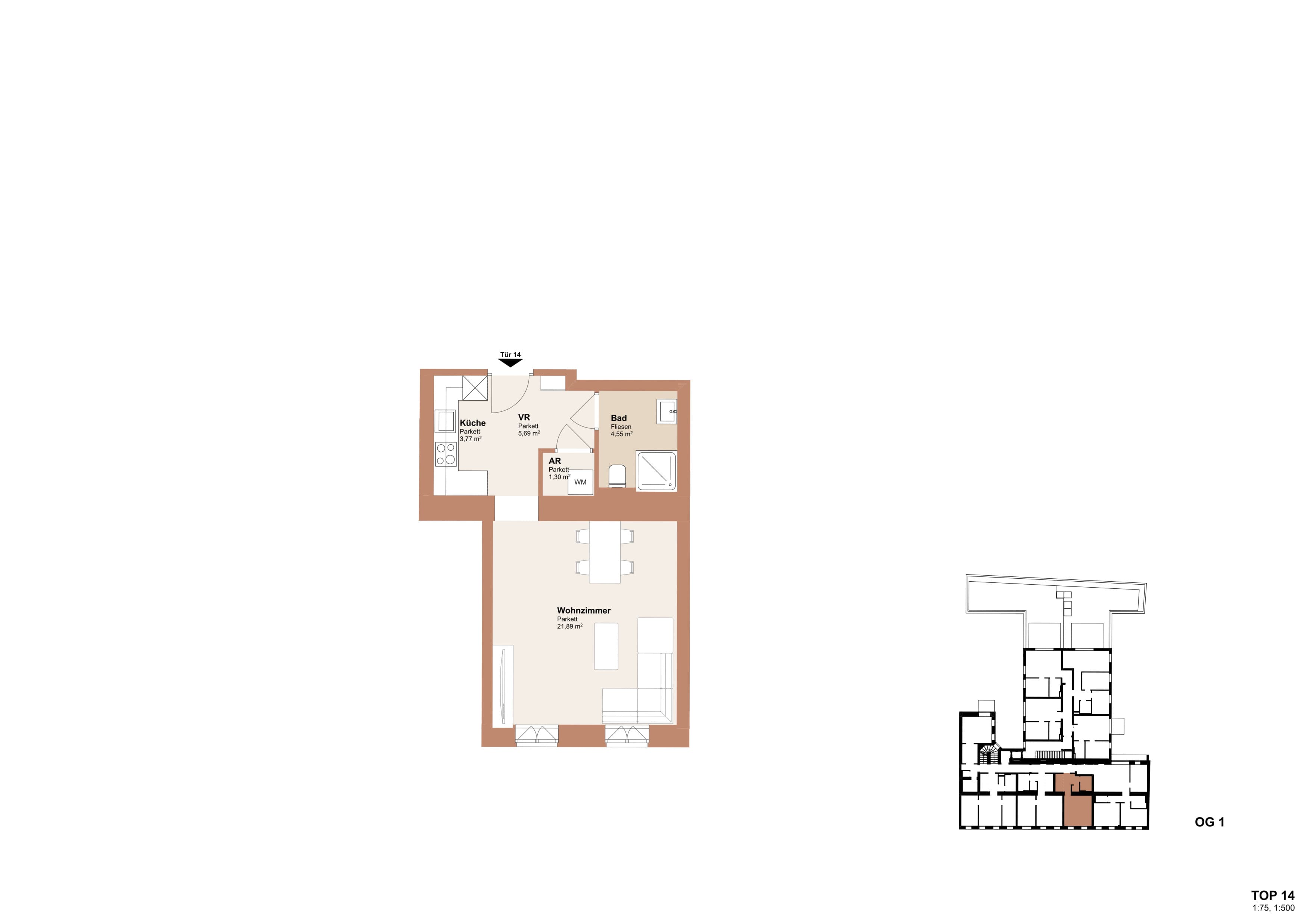 Grundriss Top 14 — Redtenbachergasse 43 — 1 Zimmer — 37,2 m² — 1st floor
