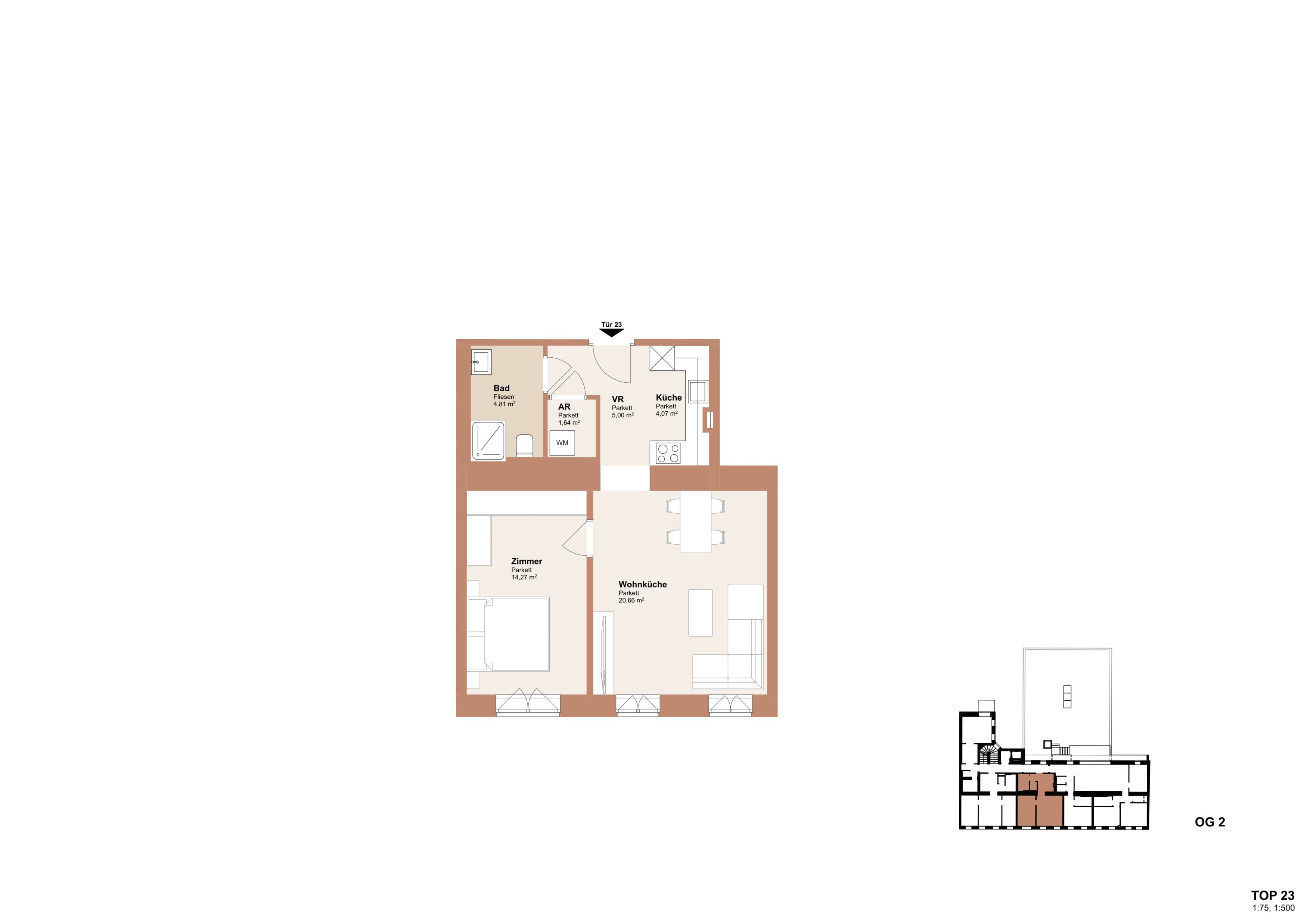 Grundriss Top 23 — Redtenbachergasse 43 — 2 Zimmer — 50,4 m² — 2nd floor
