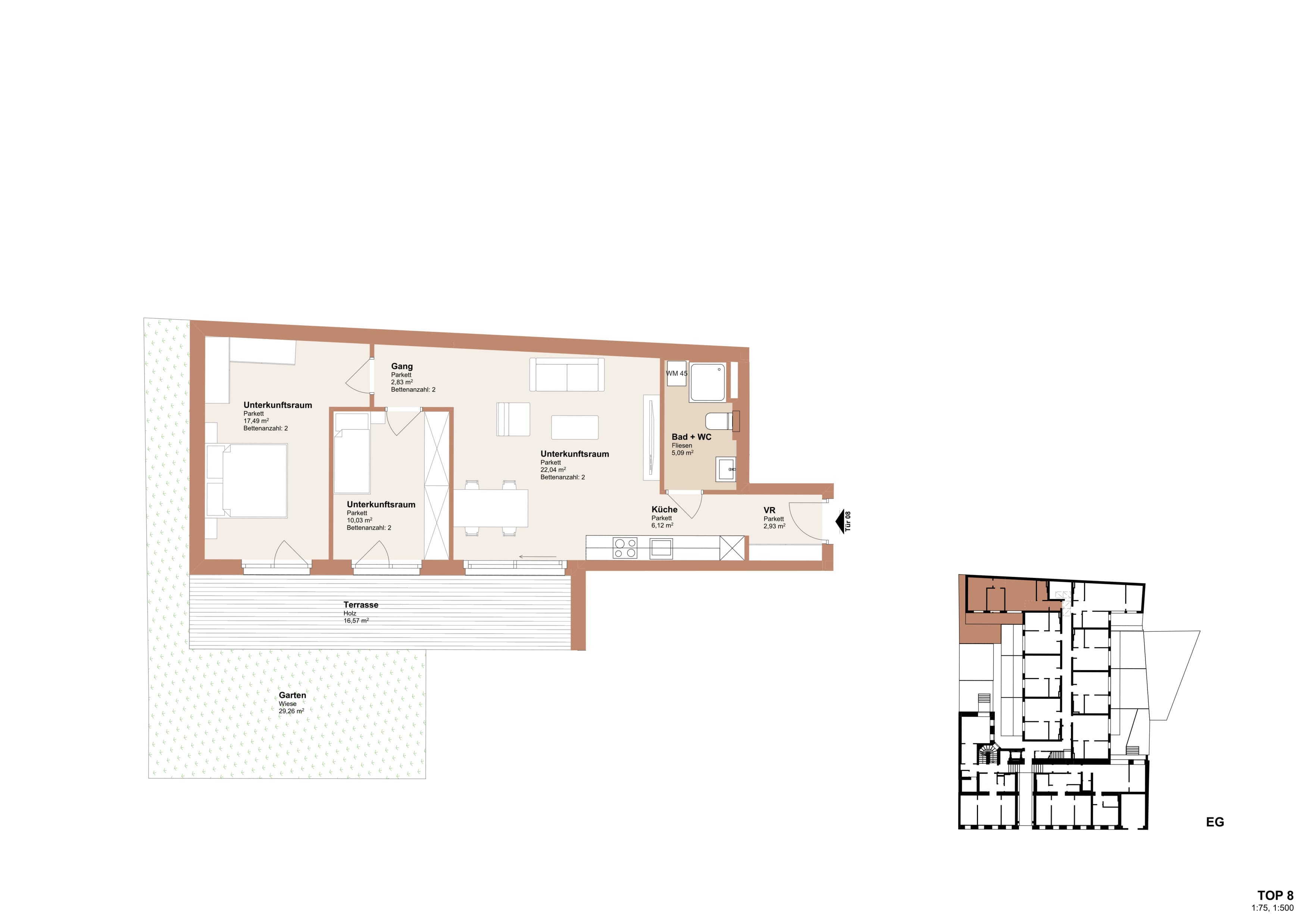 Grundriss Top 8 — Redtenbachergasse 43 — 3 Zimmer — 66,5 m² — Ground floor