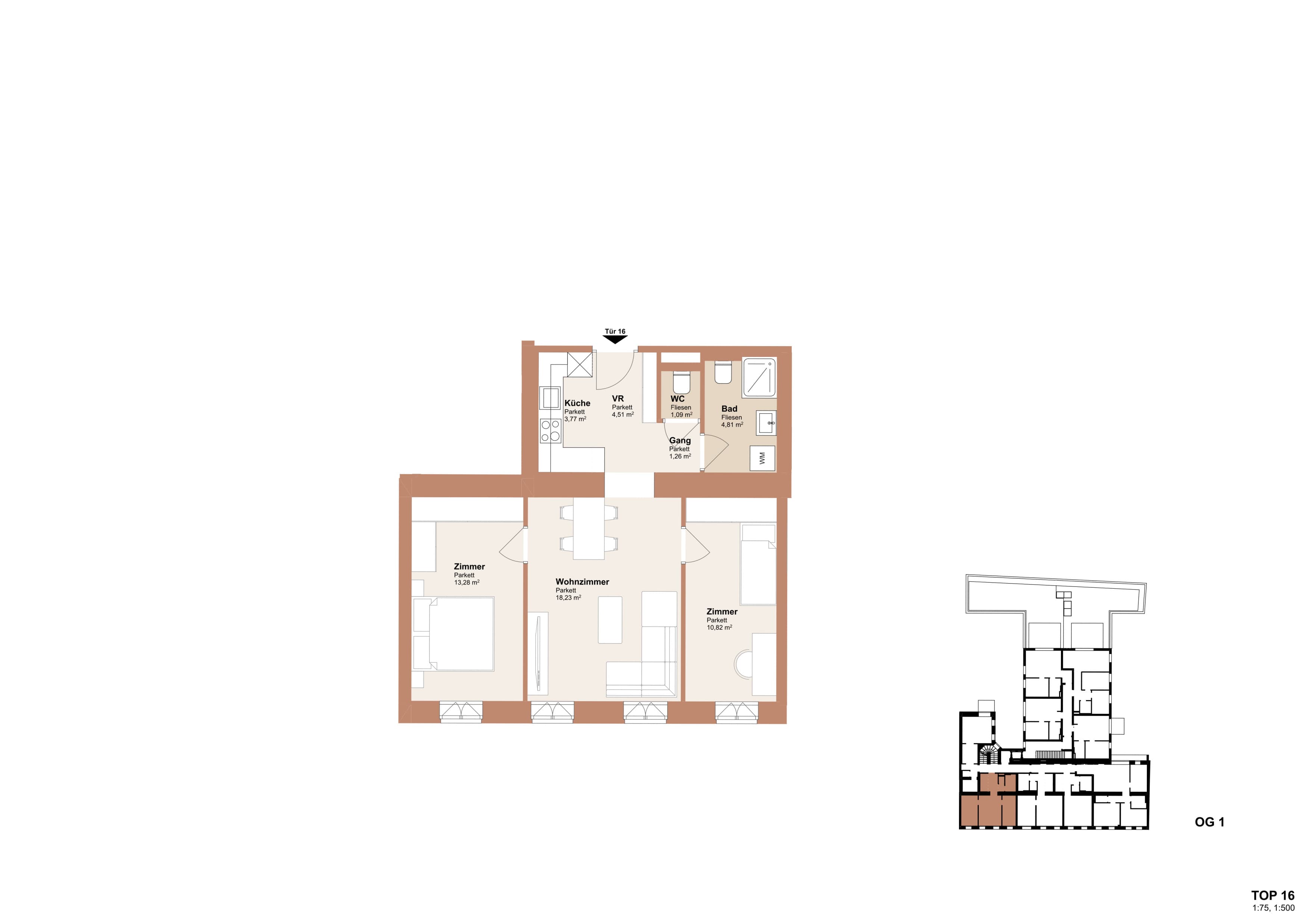 Grundriss Top 16 — Redtenbachergasse 43 — 3 Zimmer — 57,8 m² — 1st floor