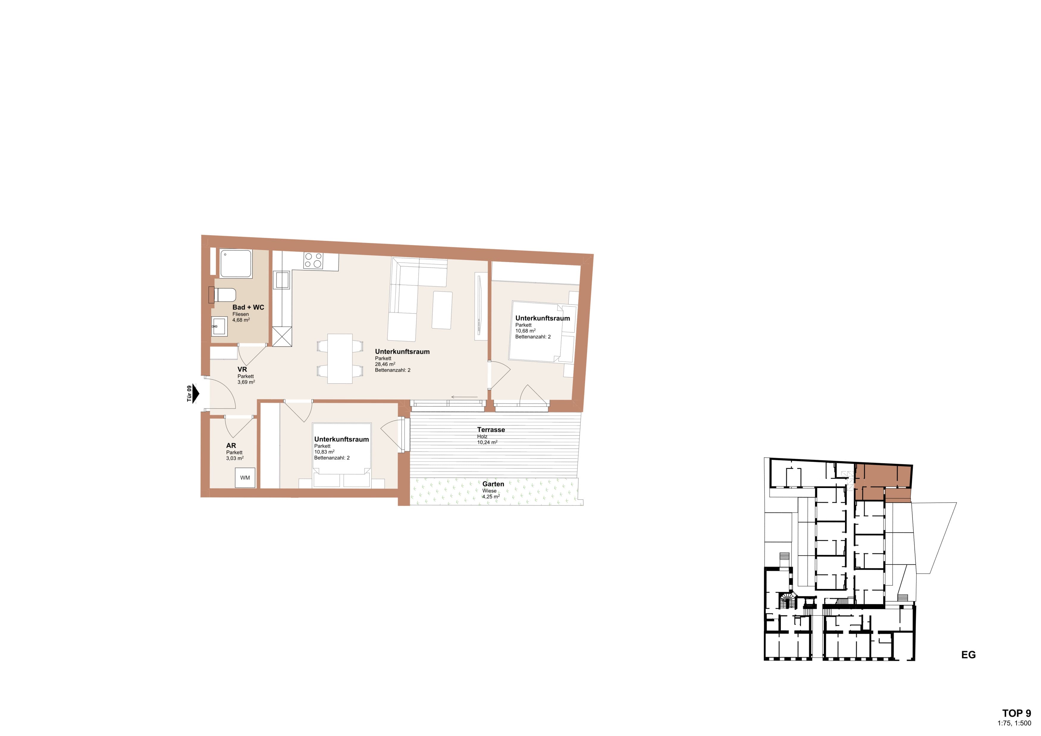 Grundriss Top 9 — Redtenbachergasse 43 — 3 Zimmer — 61,4 m² — Ground floor