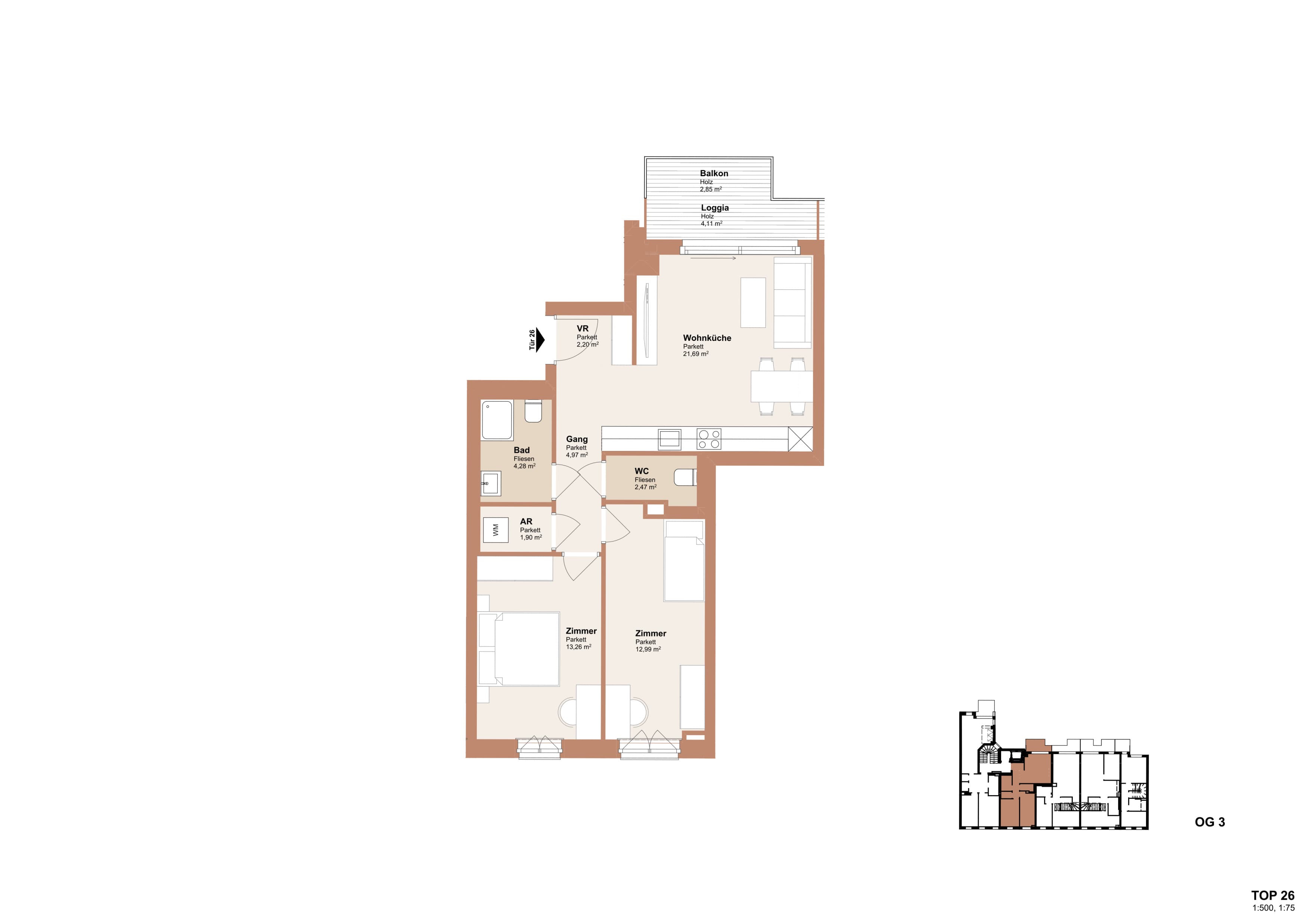 Grundriss Top 26 — Redtenbachergasse 43 — 3 Zimmer — 68 m² — 3rd floor