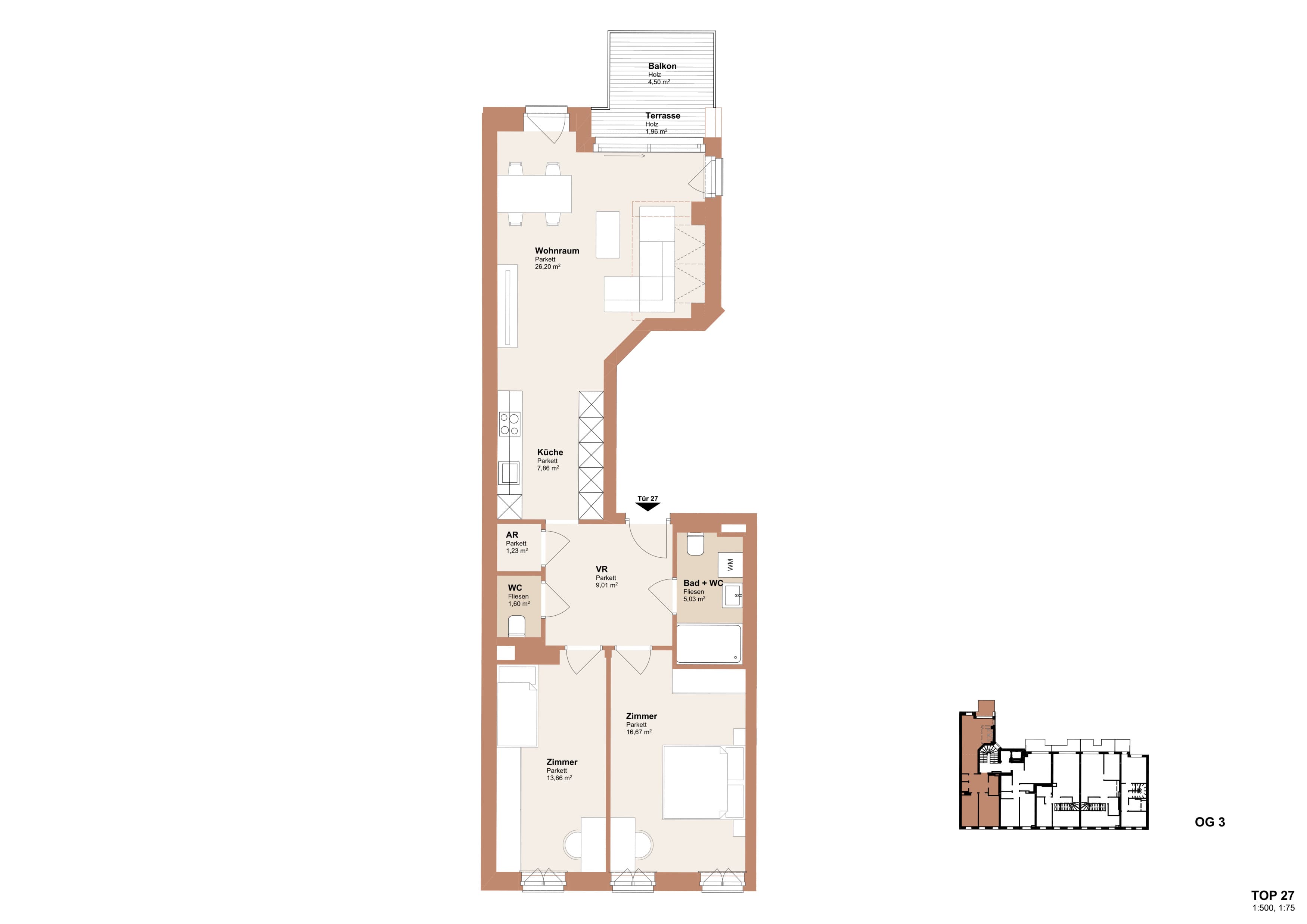 Grundriss Top 27 — Redtenbachergasse 43 — 3 Zimmer — 81,6 m² — 3rd floor