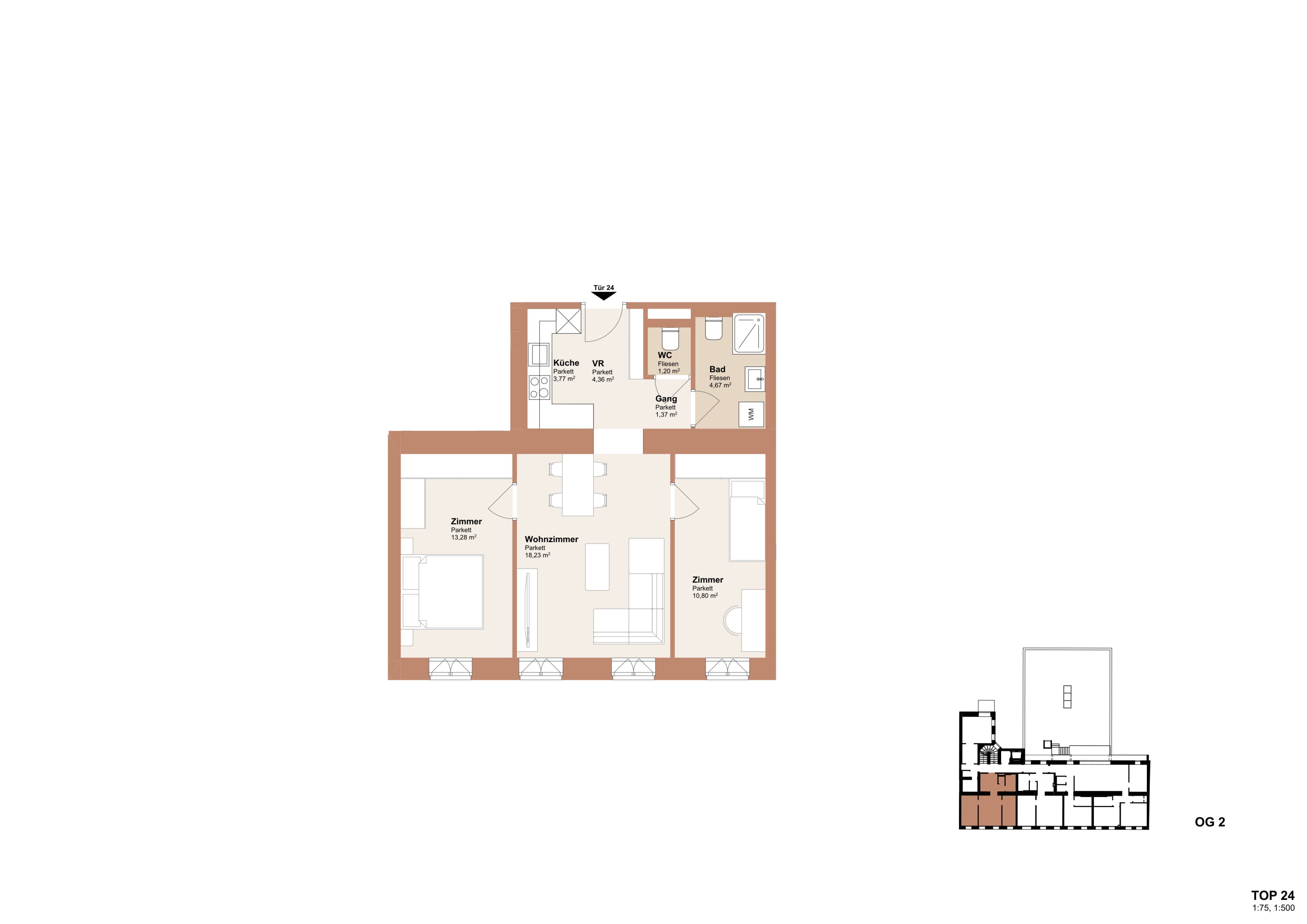 Grundriss Top 24 — Redtenbachergasse 43 — 3 Zimmer — 57,7 m² — 2nd floor