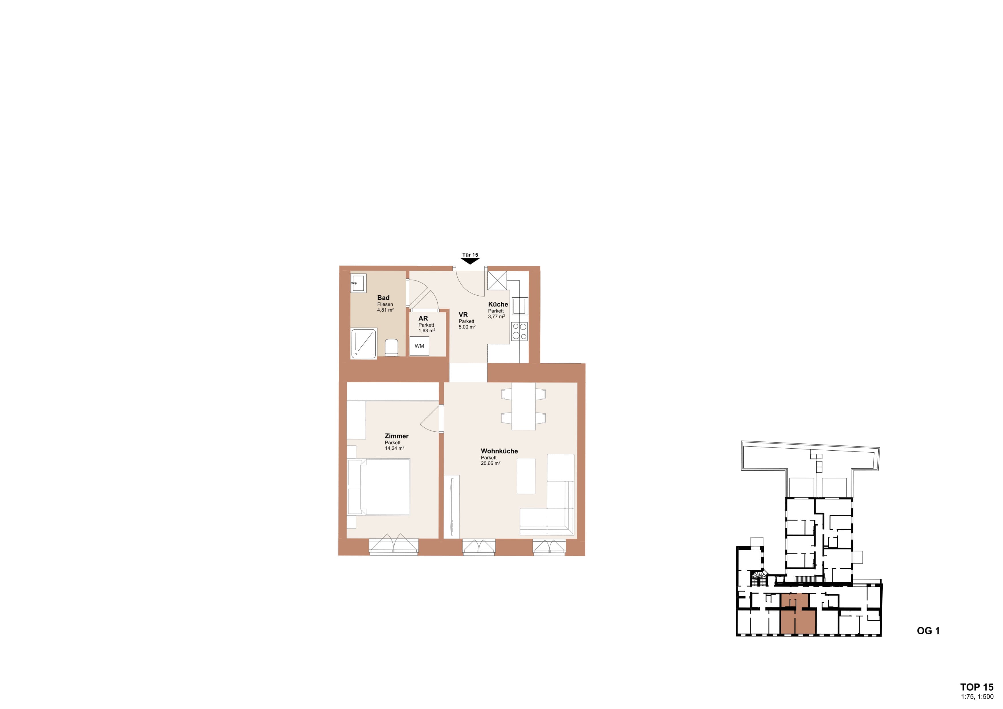 Grundriss Top 15 — Redtenbachergasse 43 — 2 Zimmer — 50,1 m² — 1st floor