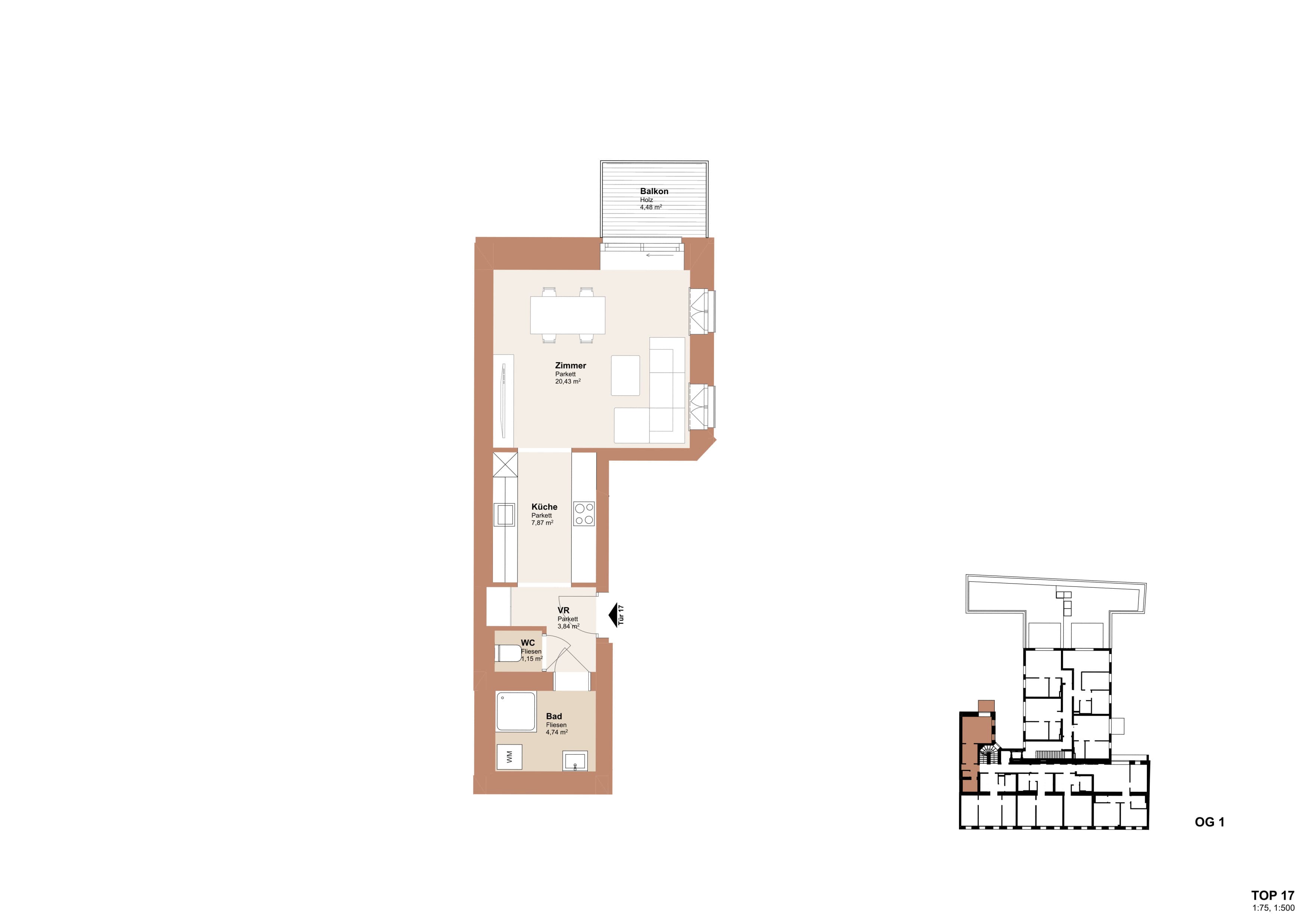 Grundriss Top 17 — Redtenbachergasse 43 — 1 Zimmer — 38 m² — 1st floor