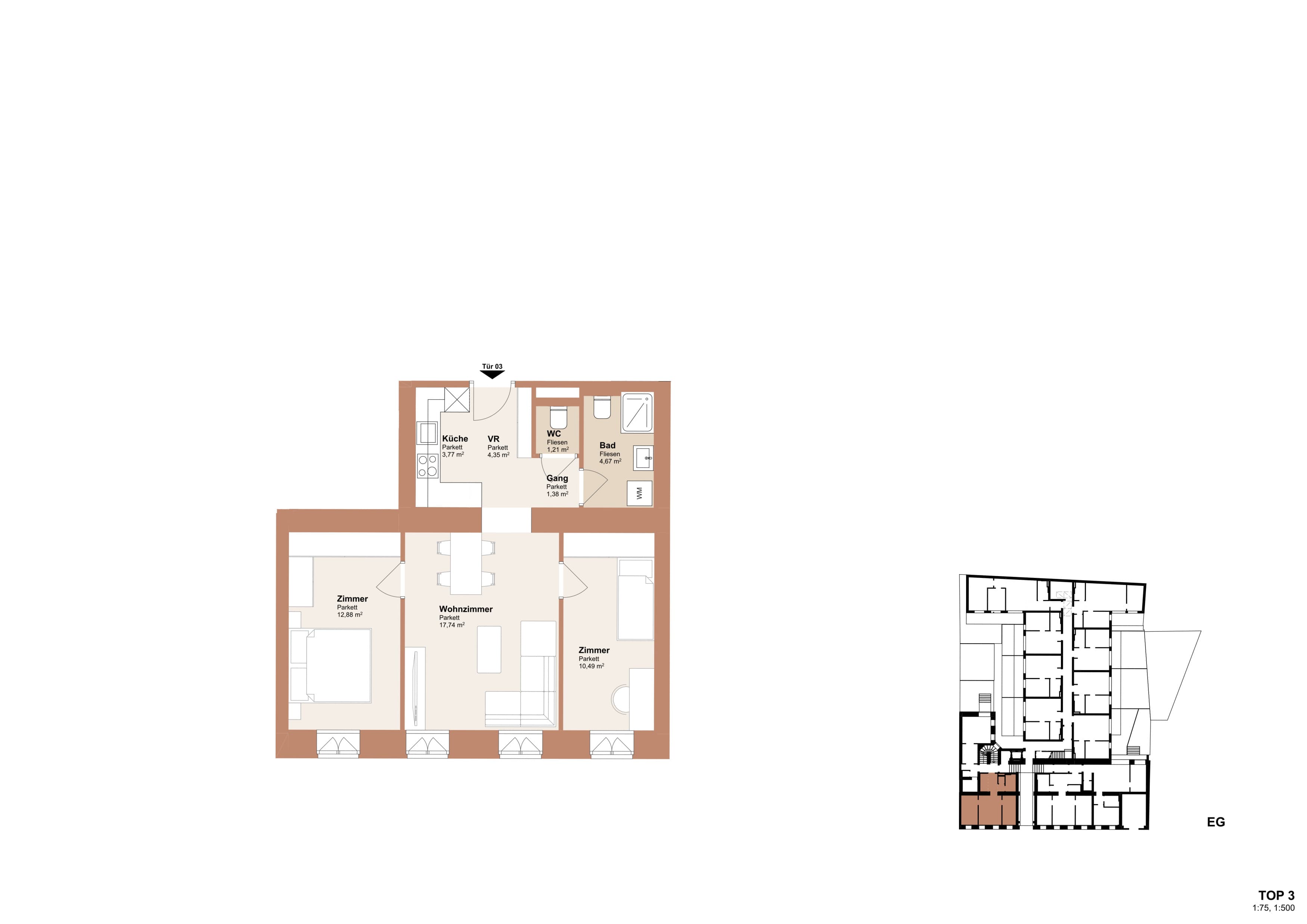 Grundriss Top 3 — Redtenbachergasse 43 — 3 Zimmer — 56,5 m² — Ground floor