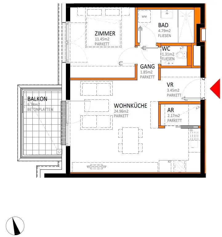 Grundriss Top 26 — reLAX 151 E — 2 Zimmer — 50 m² — 4th floor