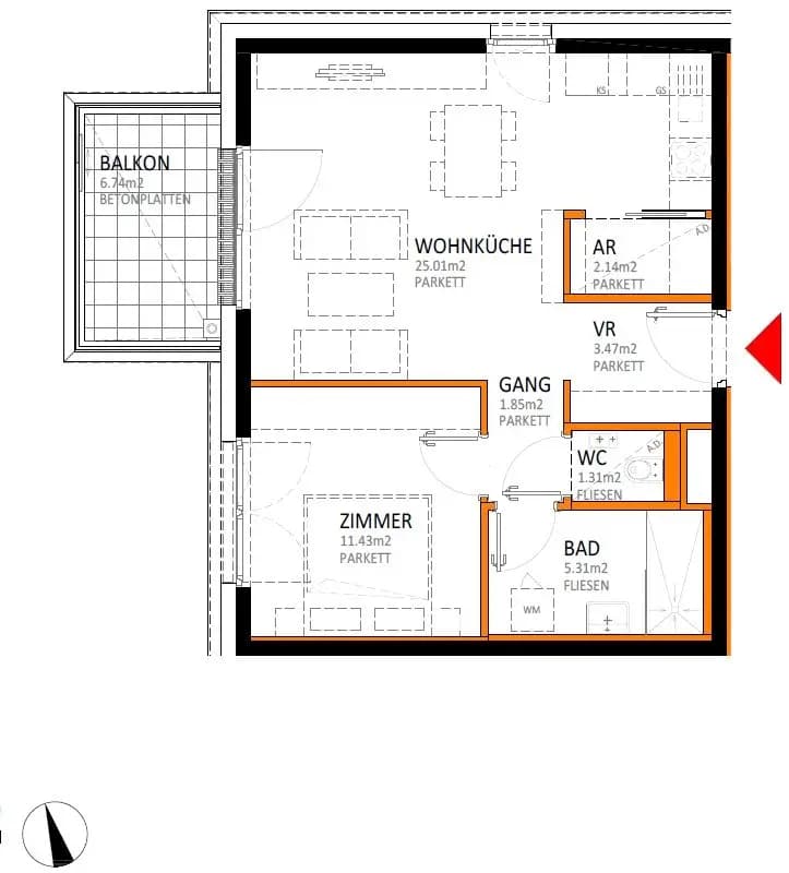 Grundriss Top 27 — reLAX 151 E — 2 Zimmer — 51 m² — 4th floor