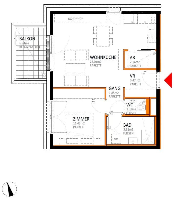 Grundriss Top 15 — reLAX 151 E — 2 Zimmer — 50,5 m² — 2nd floor