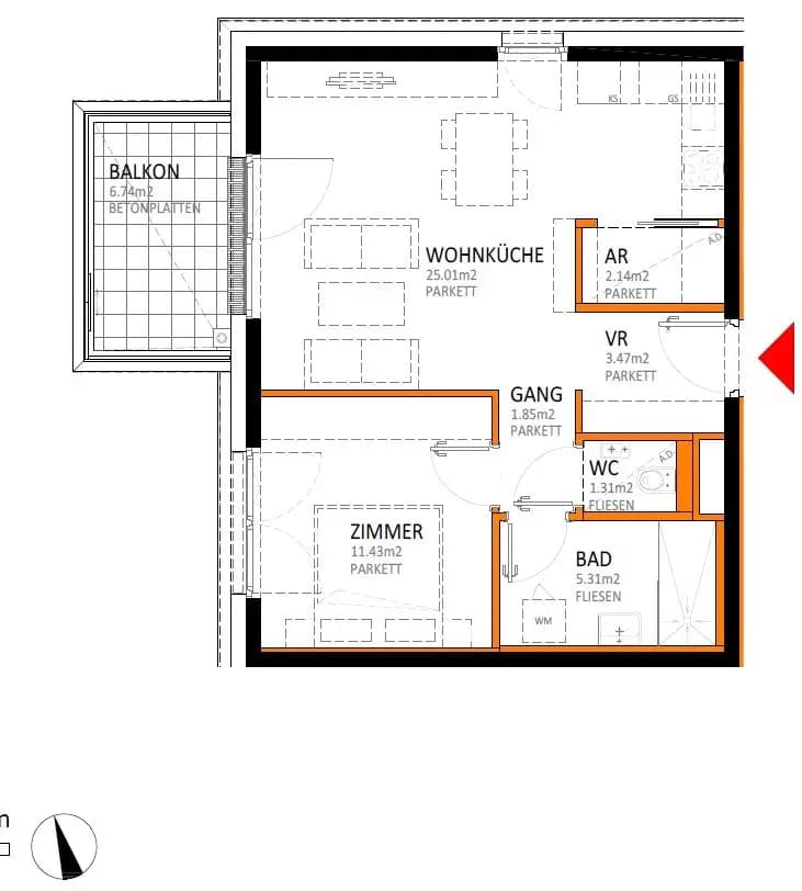 Grundriss Top 33 — reLAX 151 E — 2 Zimmer — 50,5 m² — 5th floor