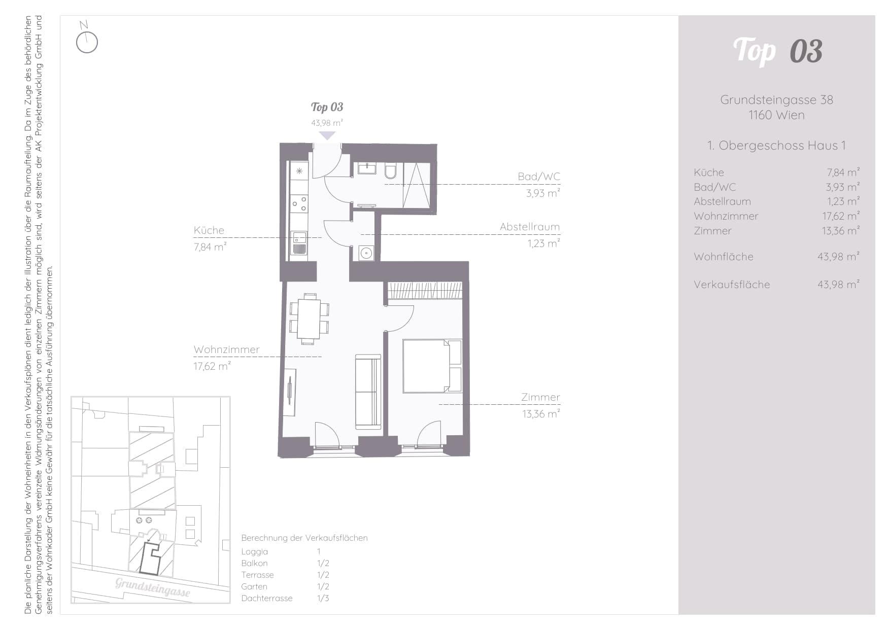 Grundriss Top 3 — Residenz-Brunnenmarkt — 2 Zimmer — 44 m²