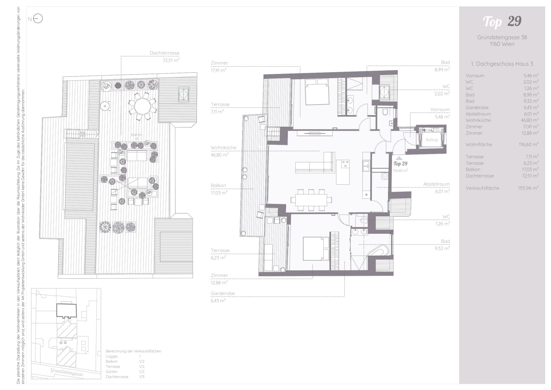 Grundriss Top 29 — Residenz-Brunnenmarkt — 3 Zimmer — 116,6 m² — Attic floor