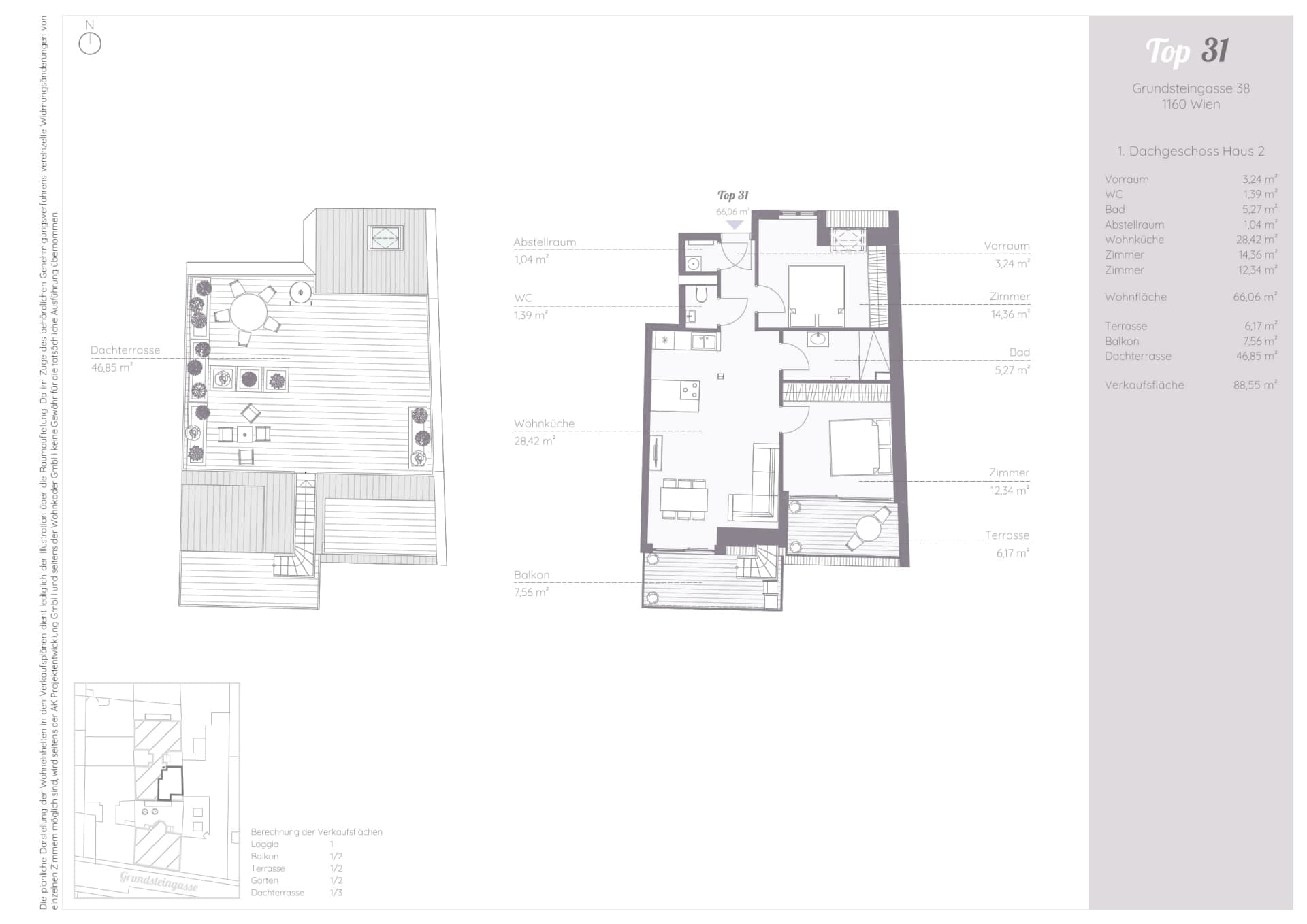 Grundriss Top 31 — Residenz-Brunnenmarkt — 3 Zimmer — 66,1 m² — Attic floor