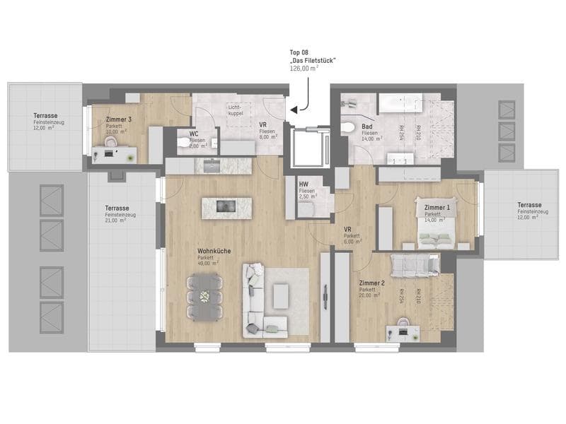Grundriss TOP 8 — Rieglgasse 1 — 4 Zimmer — 125,5 m² — 2nd attic floor