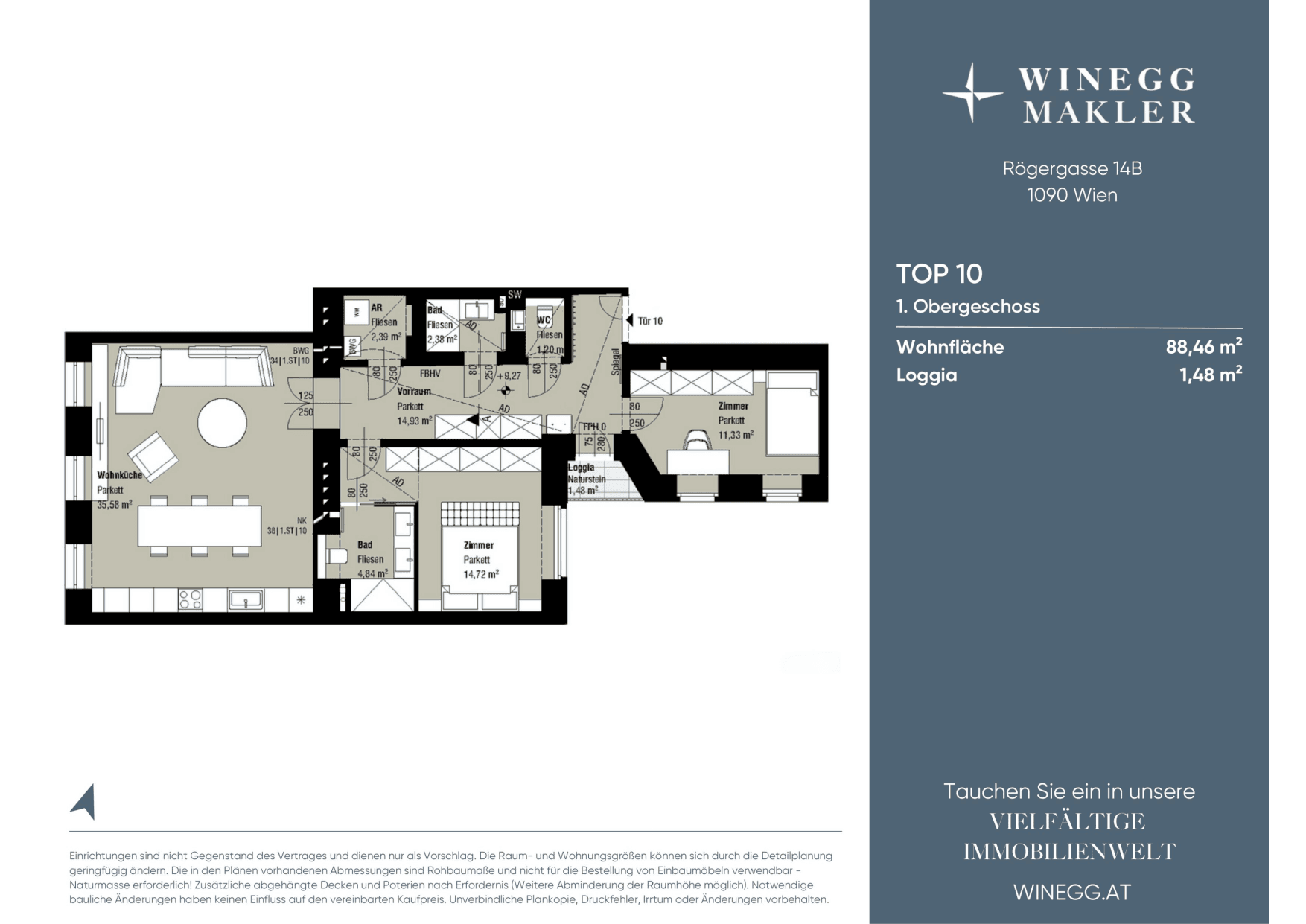 Grundriss Top 10 — Rögergasse 14B — 3 Zimmer — 88,4 m² — 1st floor