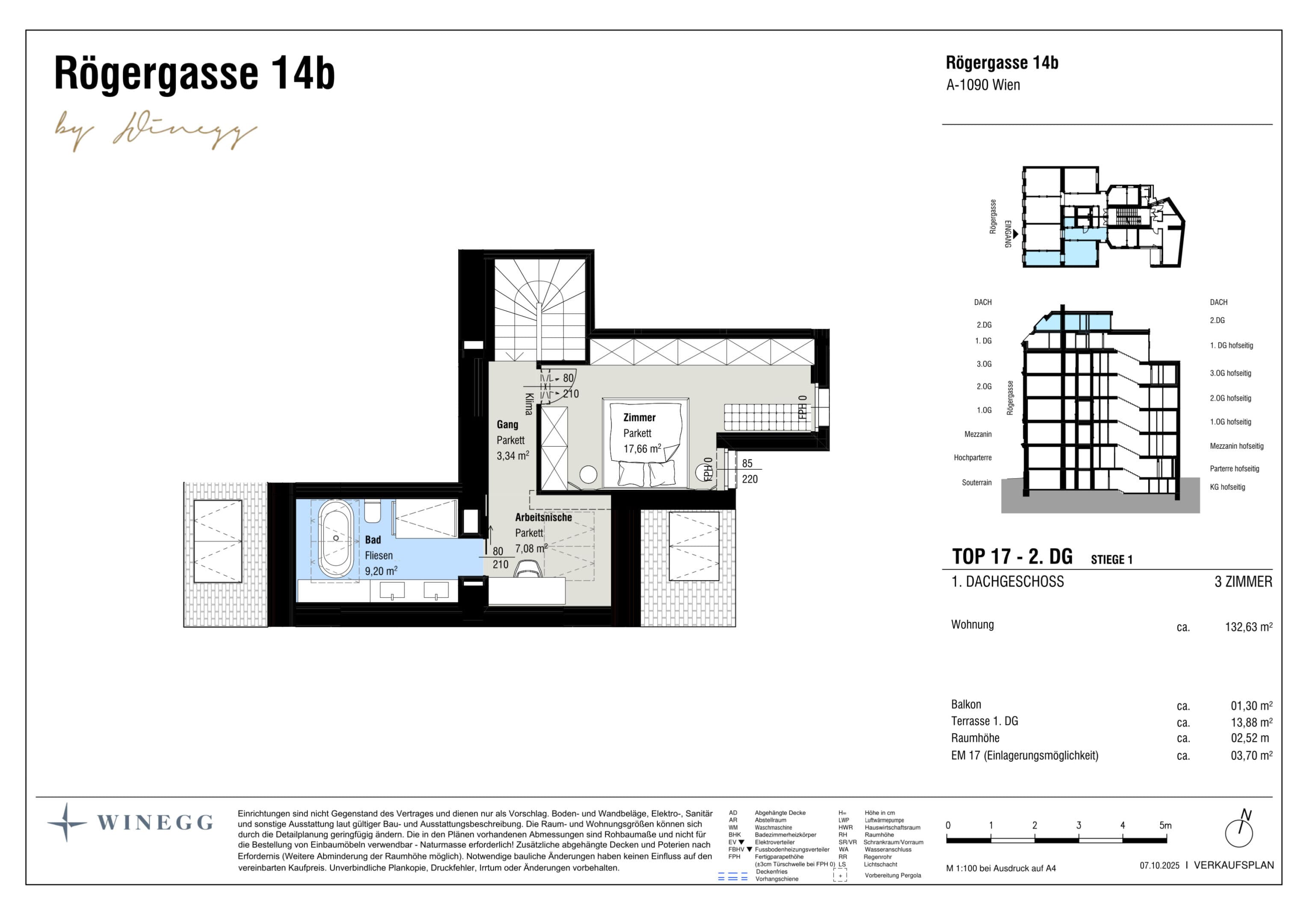 Grundriss Top 17 — Rögergasse 14B — 3 Zimmer — 132,6 m² — 1st attic floor / 2nd attic floor — Grundriss 2/2