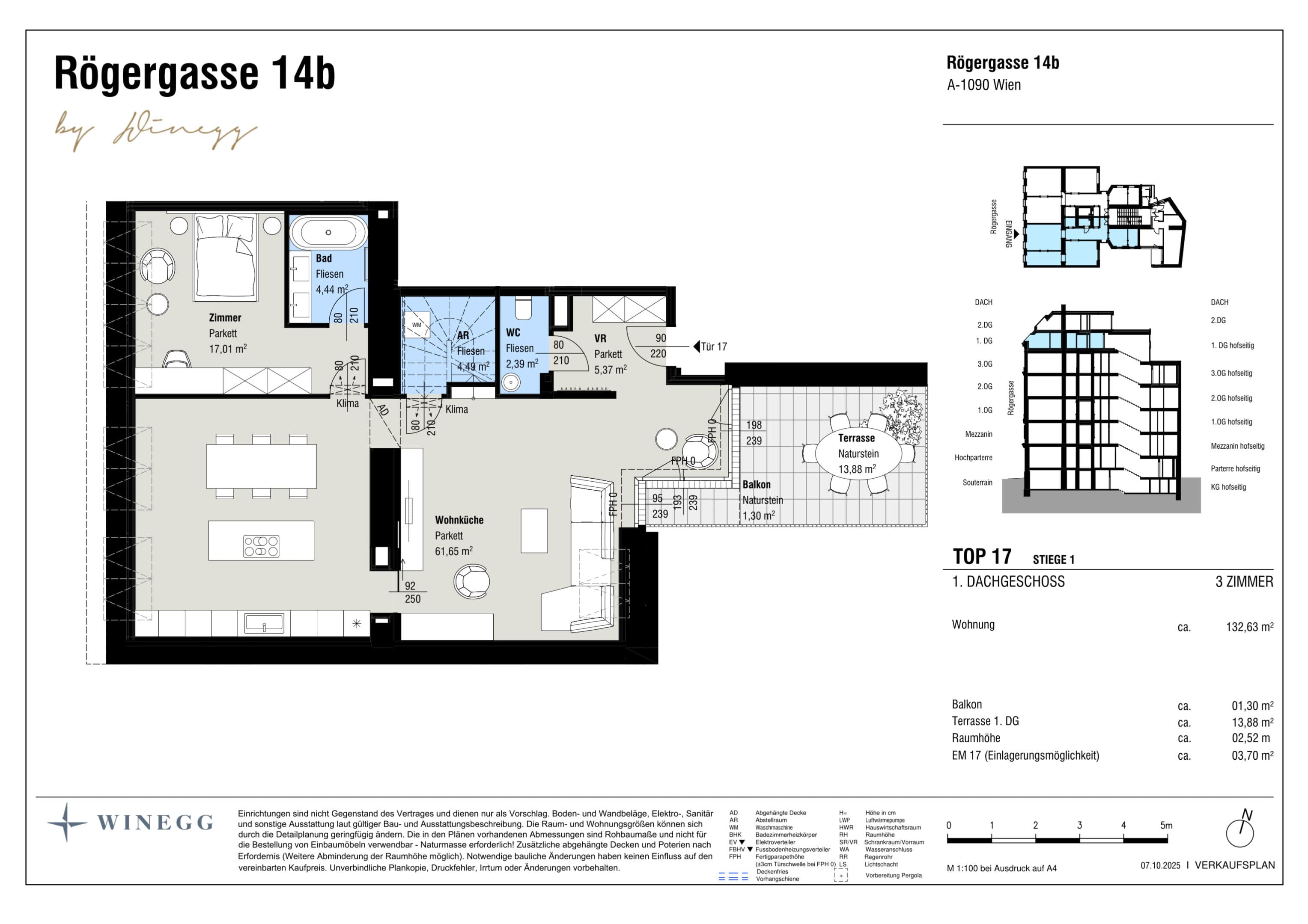 Grundriss Top 17 — Rögergasse 14B — 3 Zimmer — 132,6 m² — 1st attic floor / 2nd attic floor — Grundriss 1/2