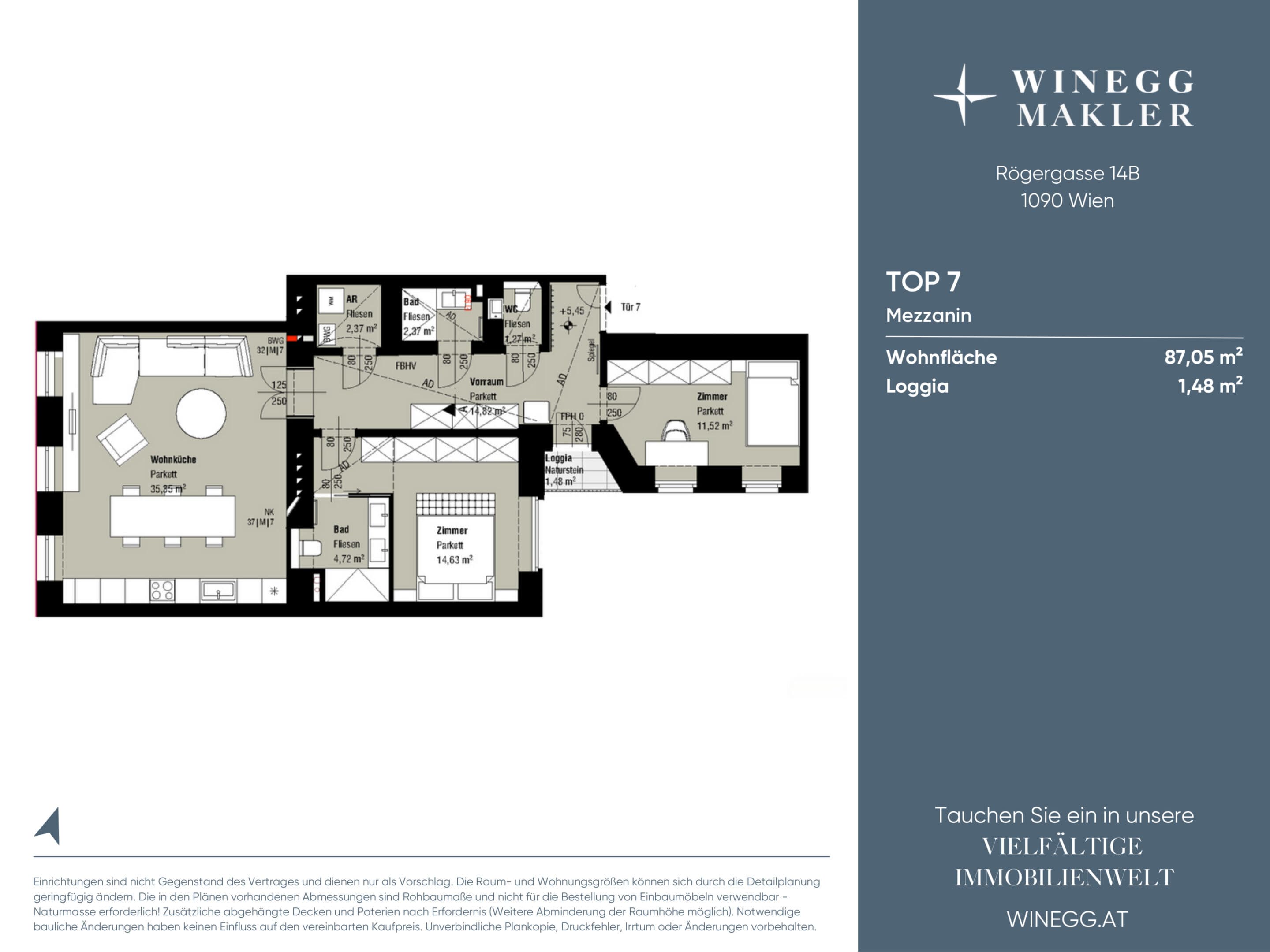 Grundriss Top 7 — Rögergasse 14B — 3 Zimmer — 87,1 m² — Mezzanine