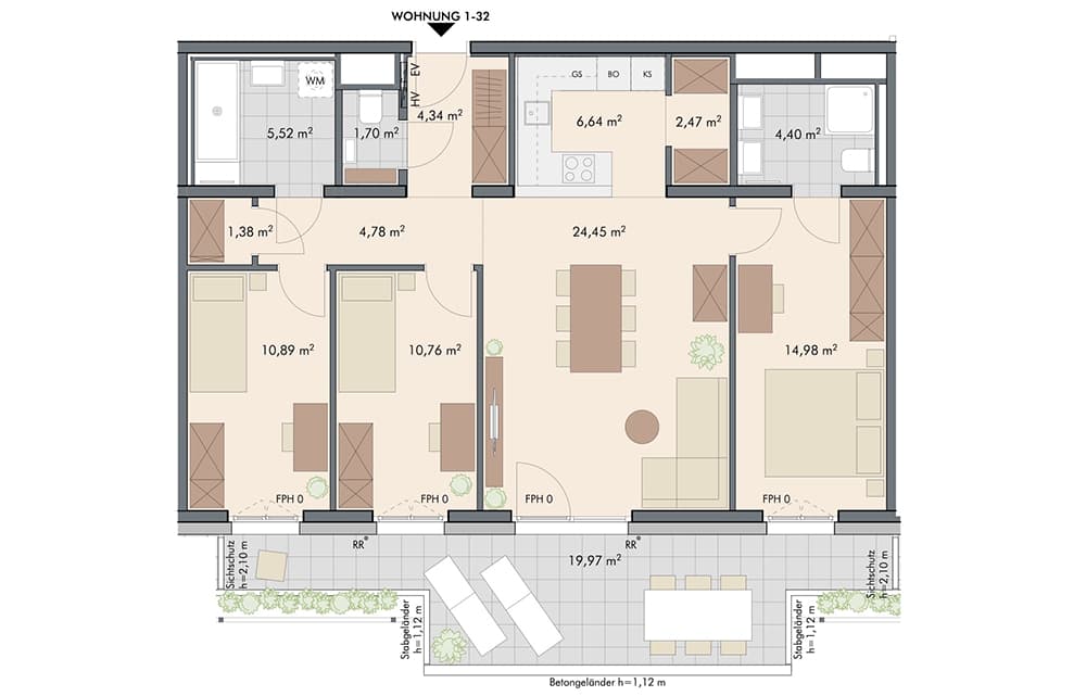 Grundriss 1-32 — Roomeo — 4 Zimmer — 92,3 m² — 3rd floor