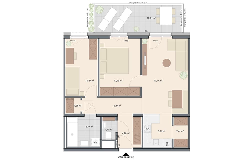Grundriss 2-39 — Roomeo — 3 Zimmer — 68,4 m² — 4th floor