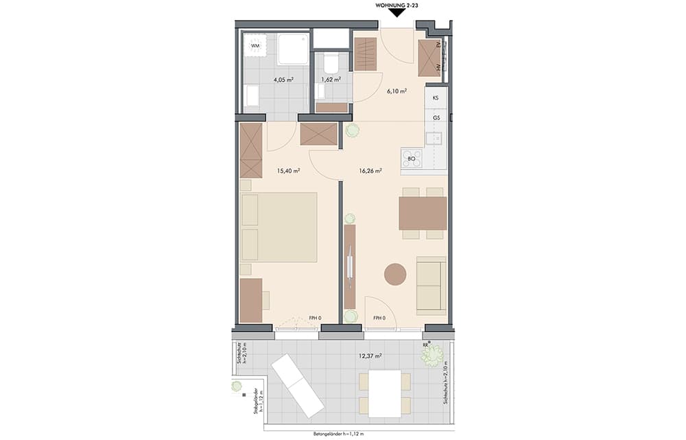 Grundriss 2-23 — Roomeo — 2 Zimmer — 43,4 m² — 2nd floor
