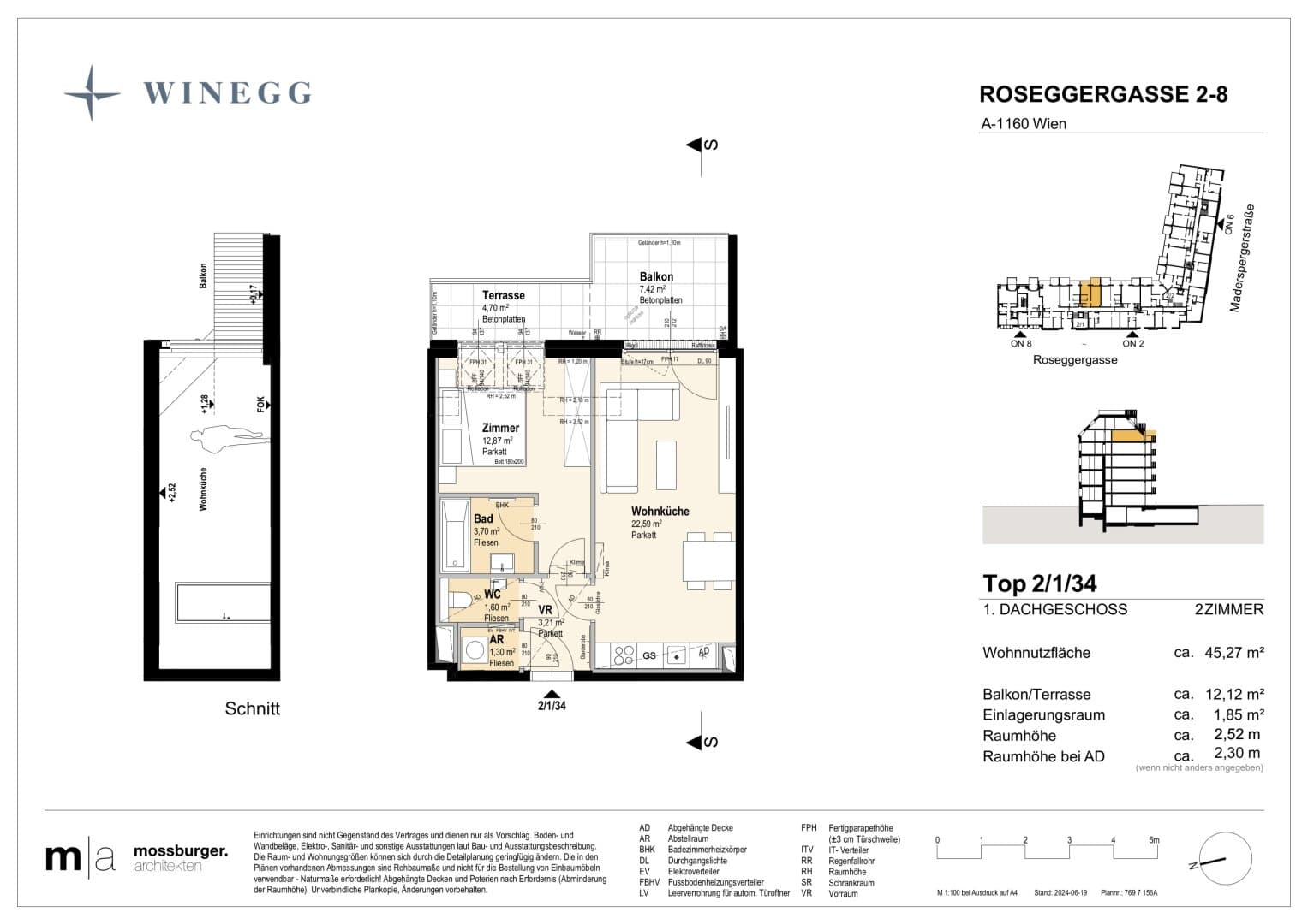 Grundriss Top 2/1/34 — Grand Garden — 2 Zimmer — 45,3 m² — 1st attic floor