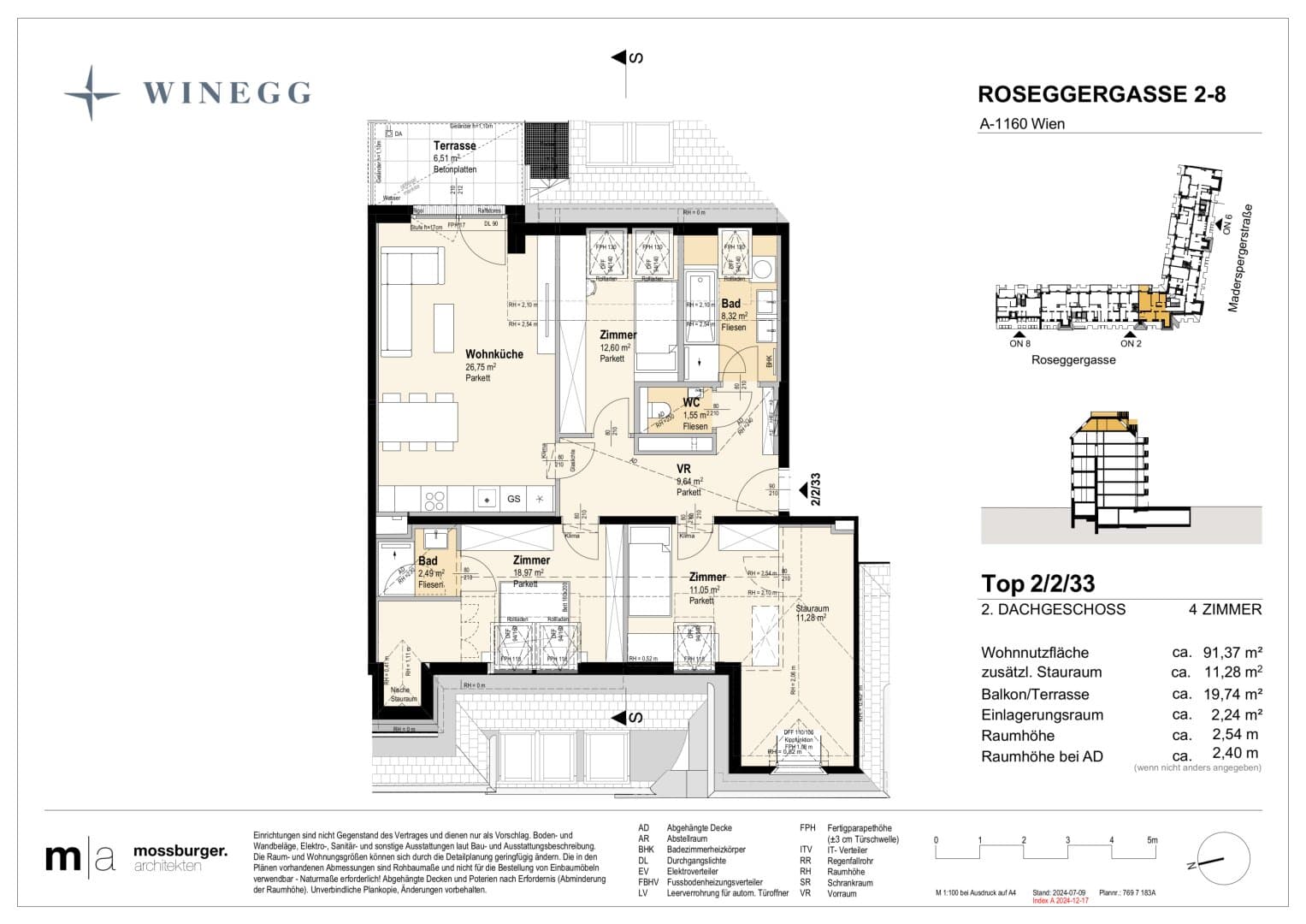 Grundriss Top 2/2/33 — Grand Garden — 3 Zimmer — 92,2 m² — 2nd attic floor — Grundriss 1/2