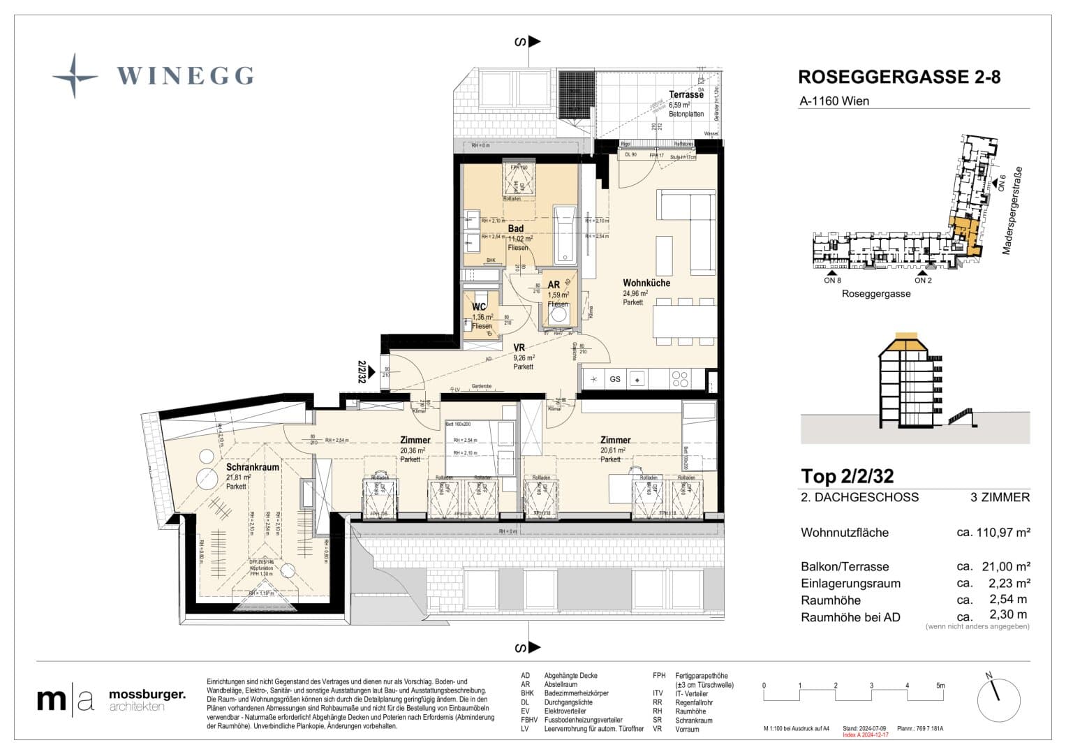 Grundriss Top 2/2/32 — Grand Garden — 3 Zimmer — 112,2 m² — 2nd attic floor — Grundriss 1/2