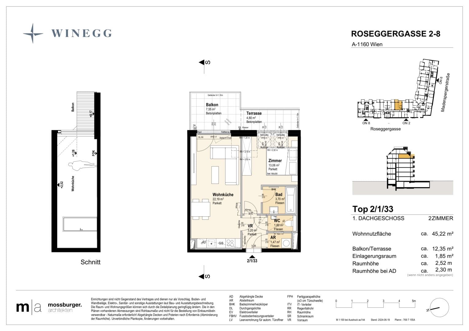 Grundriss Top 2/1/33 — Grand Garden — 2 Zimmer — 45,2 m² — 1st attic floor