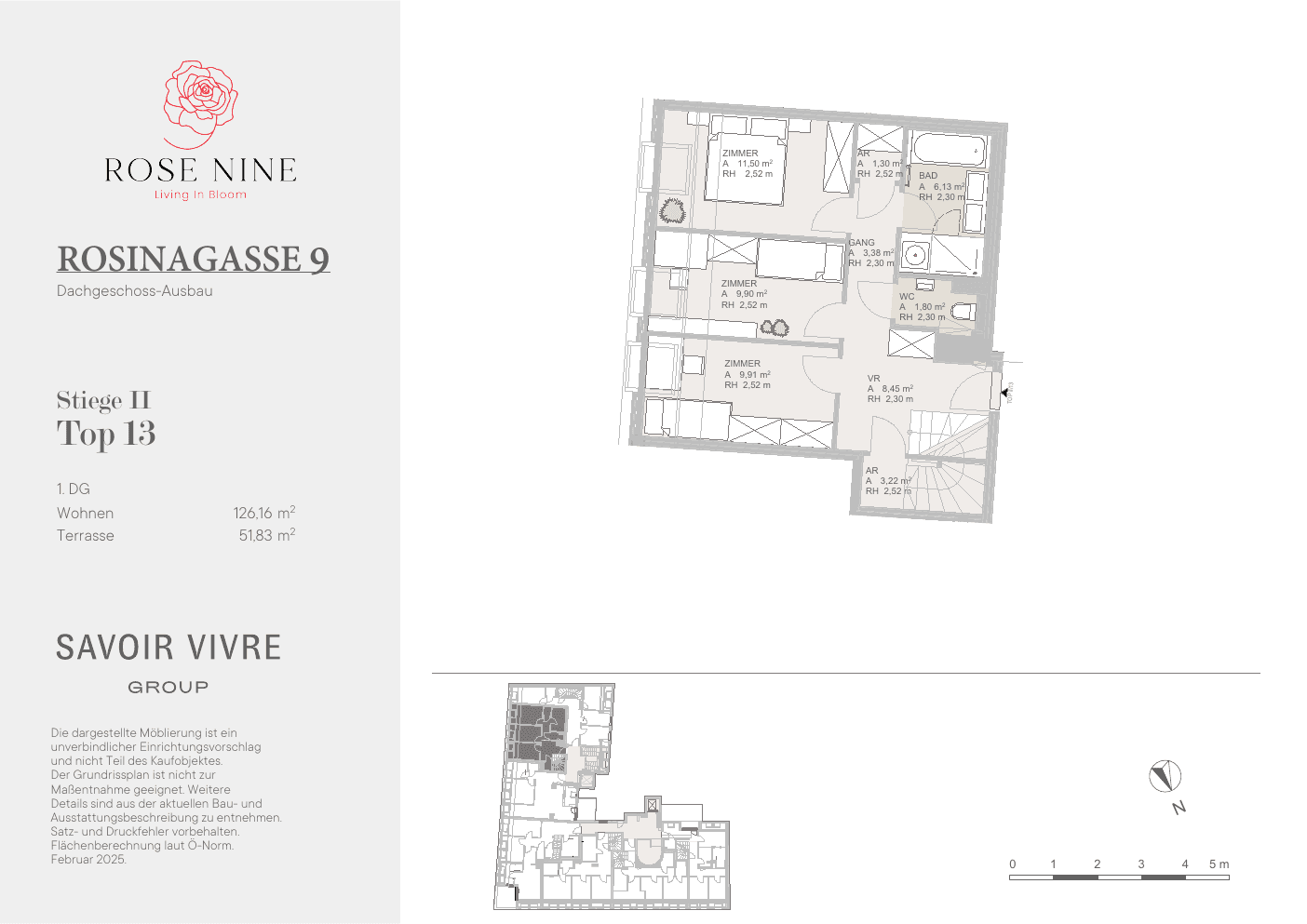 Grundriss Top II-13 — Rose Nine — 5 Zimmer — 126 m² — Attic floor