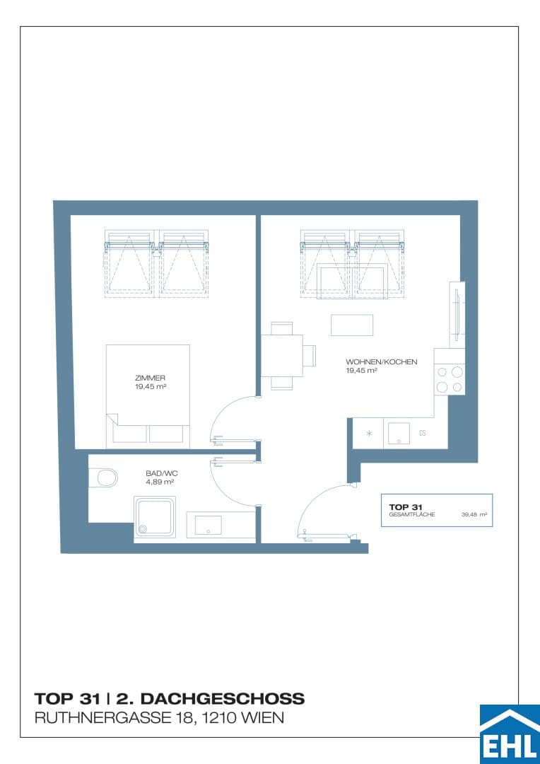 Grundriss Top 31 — Ruthnergasse 18 — 2 Zimmer — 39 m² — 2nd attic floor