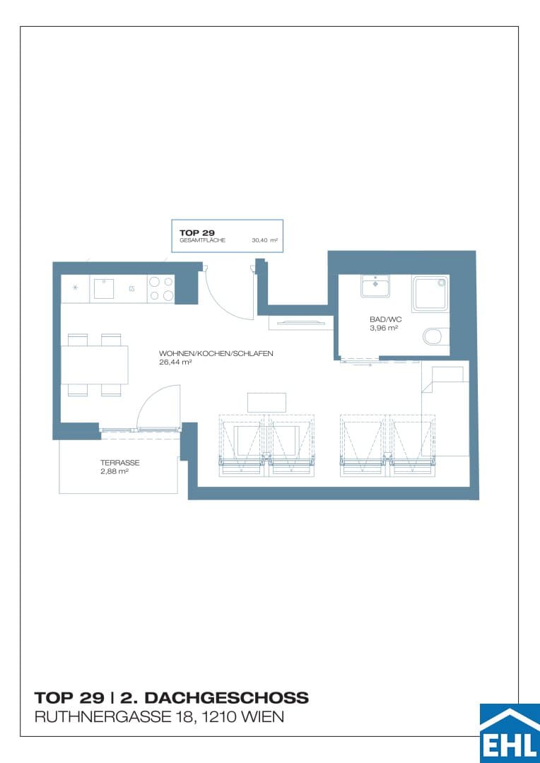 Grundriss Top 29 — Ruthnergasse 18 — 1 Zimmer — 30 m² — 2nd attic floor
