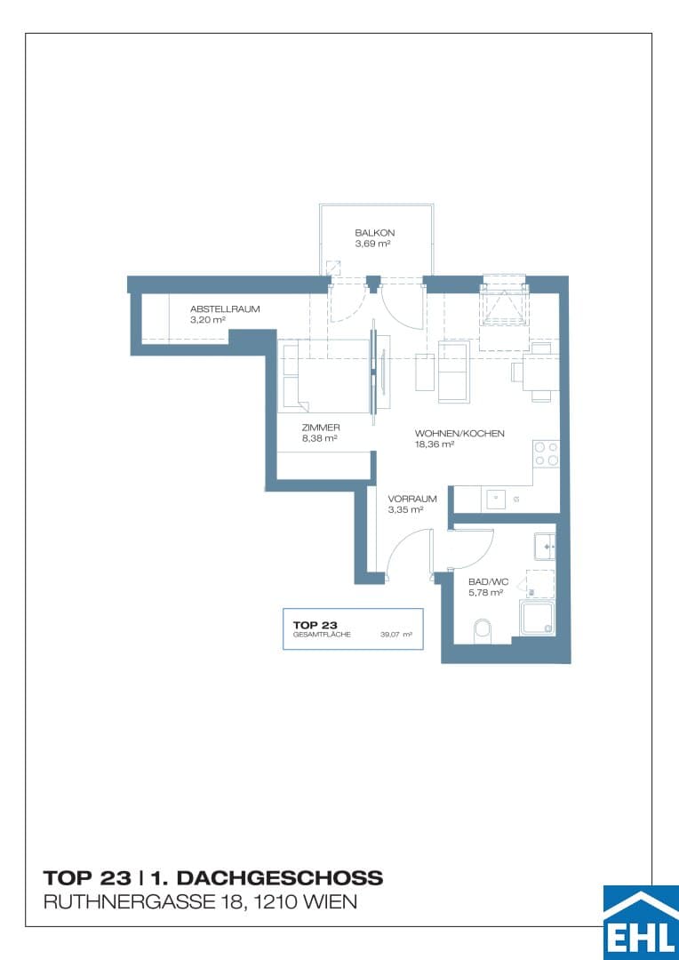 Grundriss Top 23 — Ruthnergasse 18 — 2 Zimmer — 39 m² — 1st attic floor