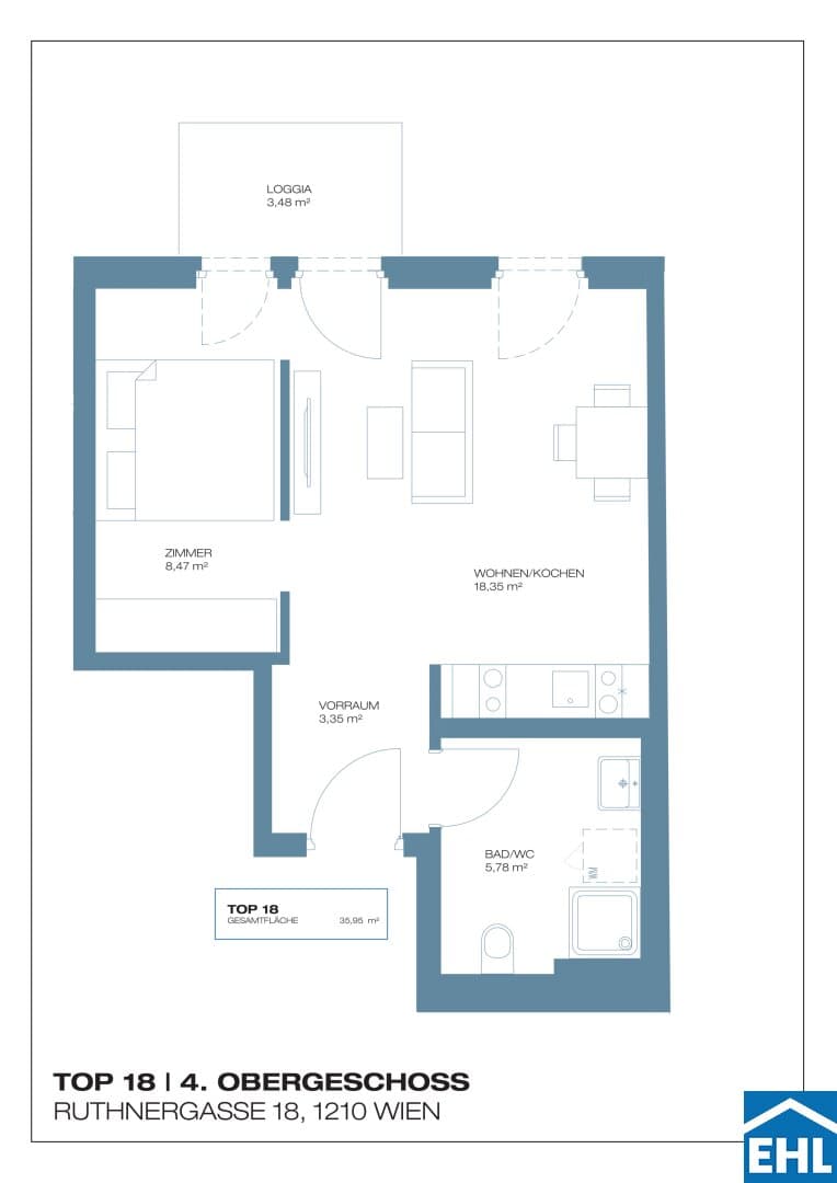 Grundriss Top 18 — Ruthnergasse 18 — 2 Zimmer — 36 m² — 4th floor