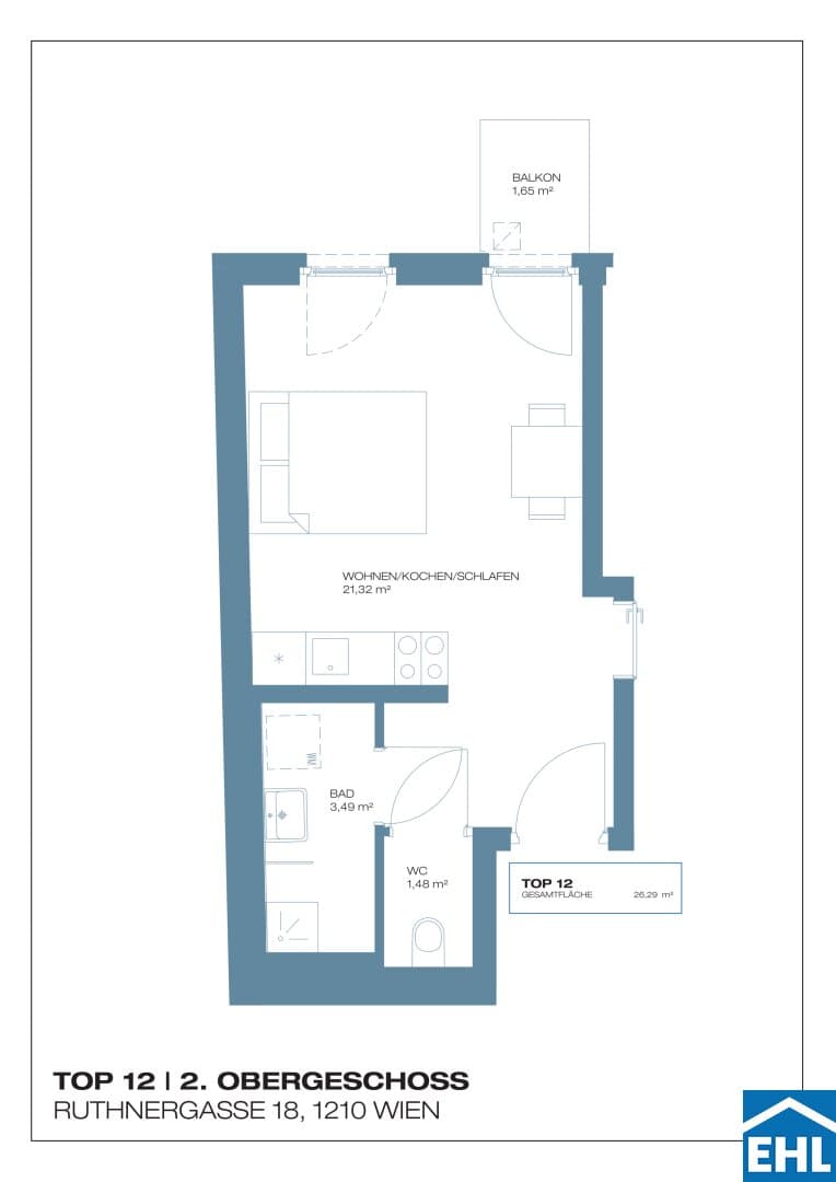 Grundriss Top 12 — Ruthnergasse 18 — 2 Zimmer — 49 m² — 2nd floor