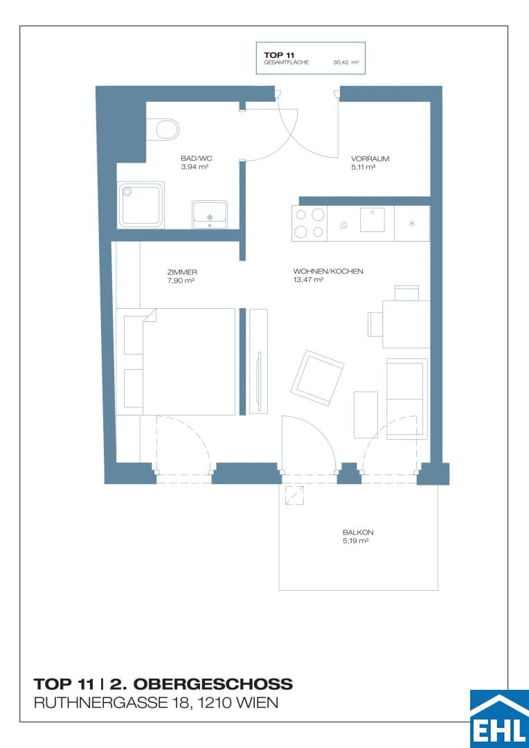 Grundriss Top 11 — Ruthnergasse 18 — 2 Zimmer — 30 m² — 2nd floor