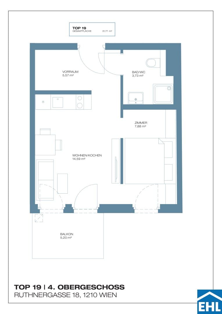 Grundriss Top 19 — Ruthnergasse 18 — 2 Zimmer — 32 m² — 4th floor