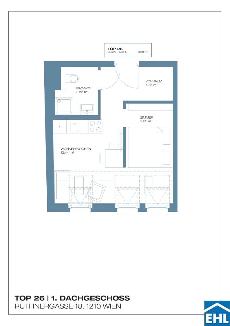 Grundriss Top 26 — Ruthnergasse 18 — 2 Zimmer — 30 m² — 1st attic floor