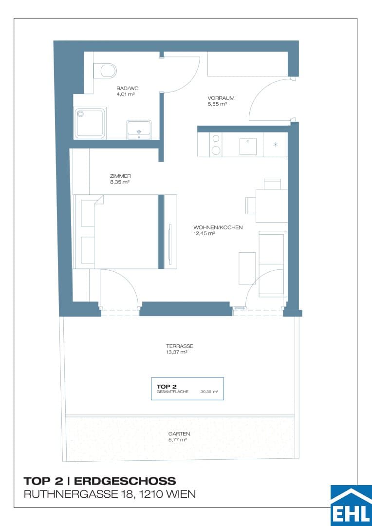 Grundriss Top 2 — Ruthnergasse 18 — 1 Zimmer — 30 m² — Ground floor