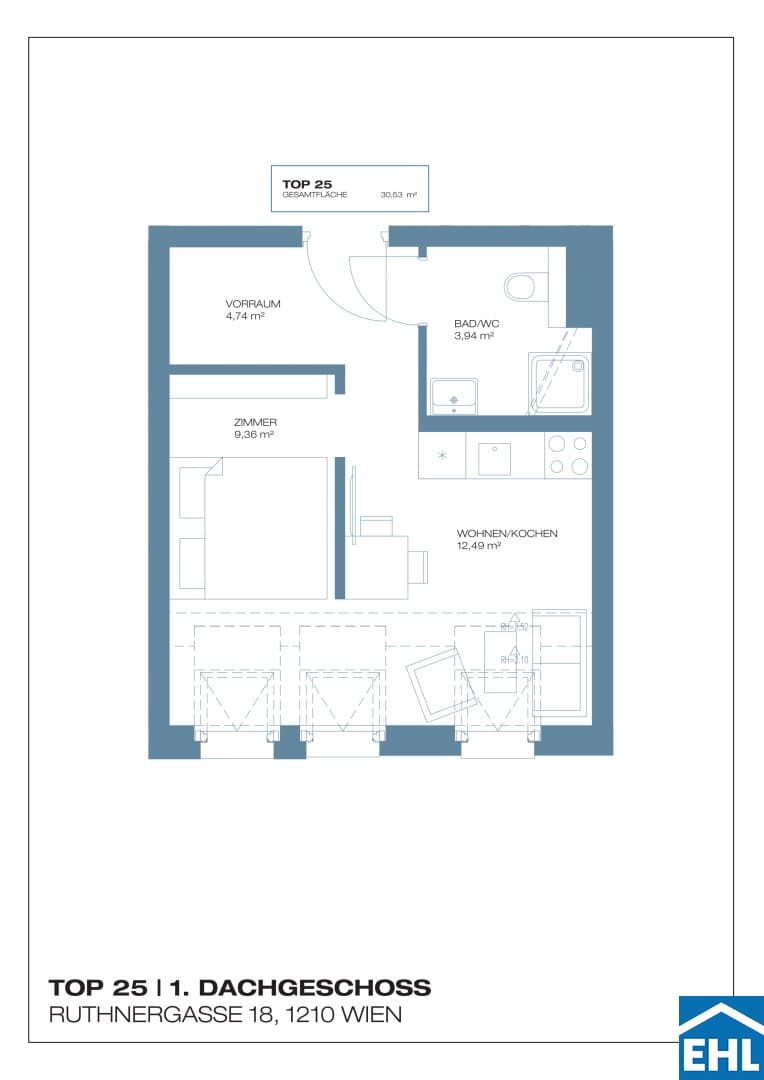 Grundriss Top 25 — Ruthnergasse 18 — 2 Zimmer — 31 m² — 1st attic floor